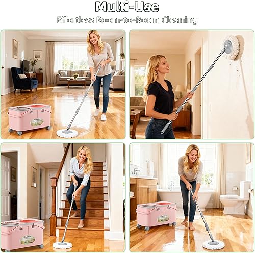 Miniatura 7 de Juego de trapeador giratorio de 360 y cubo, separa el agua limpia y sucia, mopa de piso con 6 cabezales de mopa lavables, fácil de rodar con 4