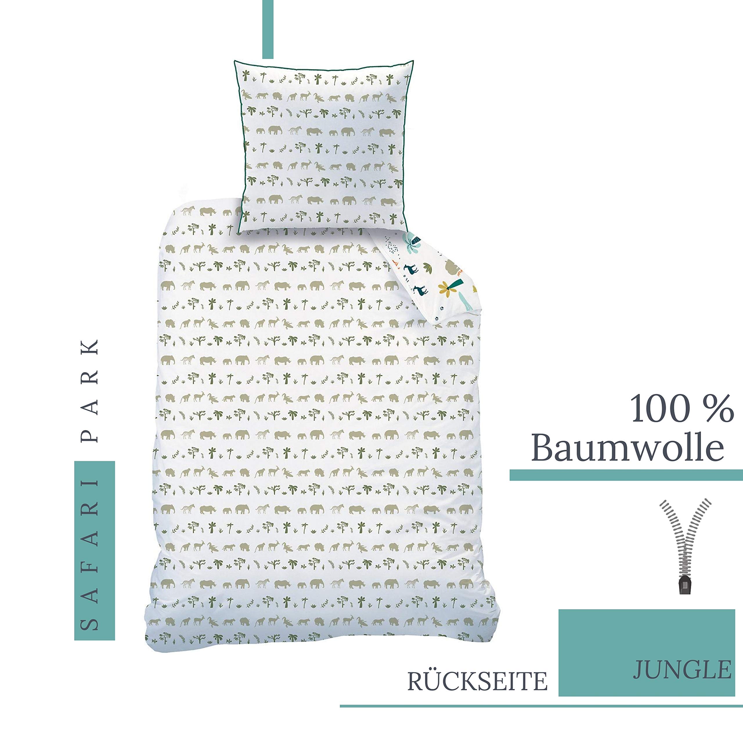 Kinderbettwäsche 135x200, Tiermotiv Bettzeug Safari Tiere Zoo-Tiere für Jungen und Mädchen, 100% Baumwolle, Kissenbezug 80x80 + Bettbezug 135x200 cm