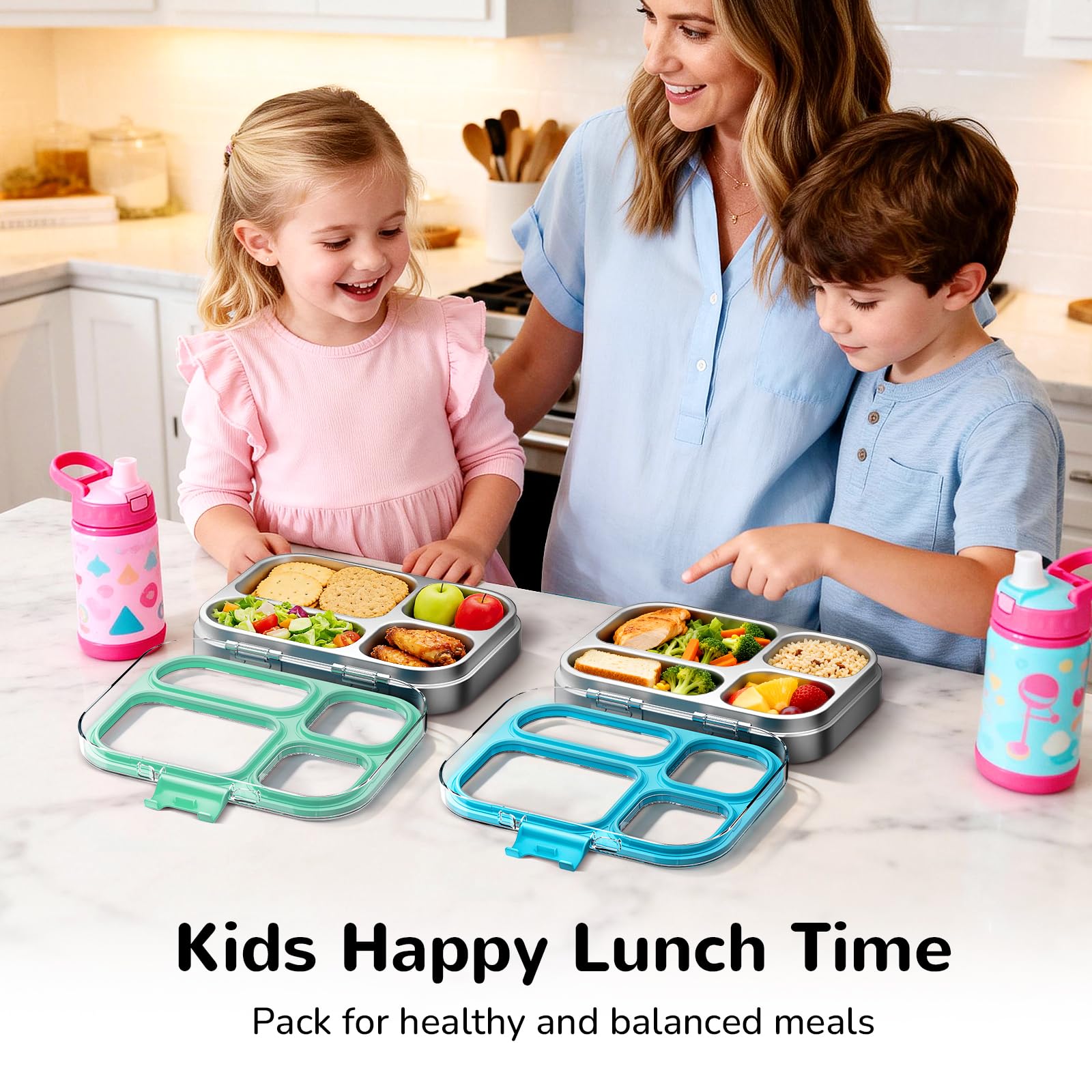 G.a HOMEFAVOR 800 ml Pudełko na lunch Bento ze stali nierdzewnej 304 dla dzieci, hermetyczne pudełko bento z 4 przegródkami, tacą na kanapki i sałatkę, nadaje się do zmywarki, zielony