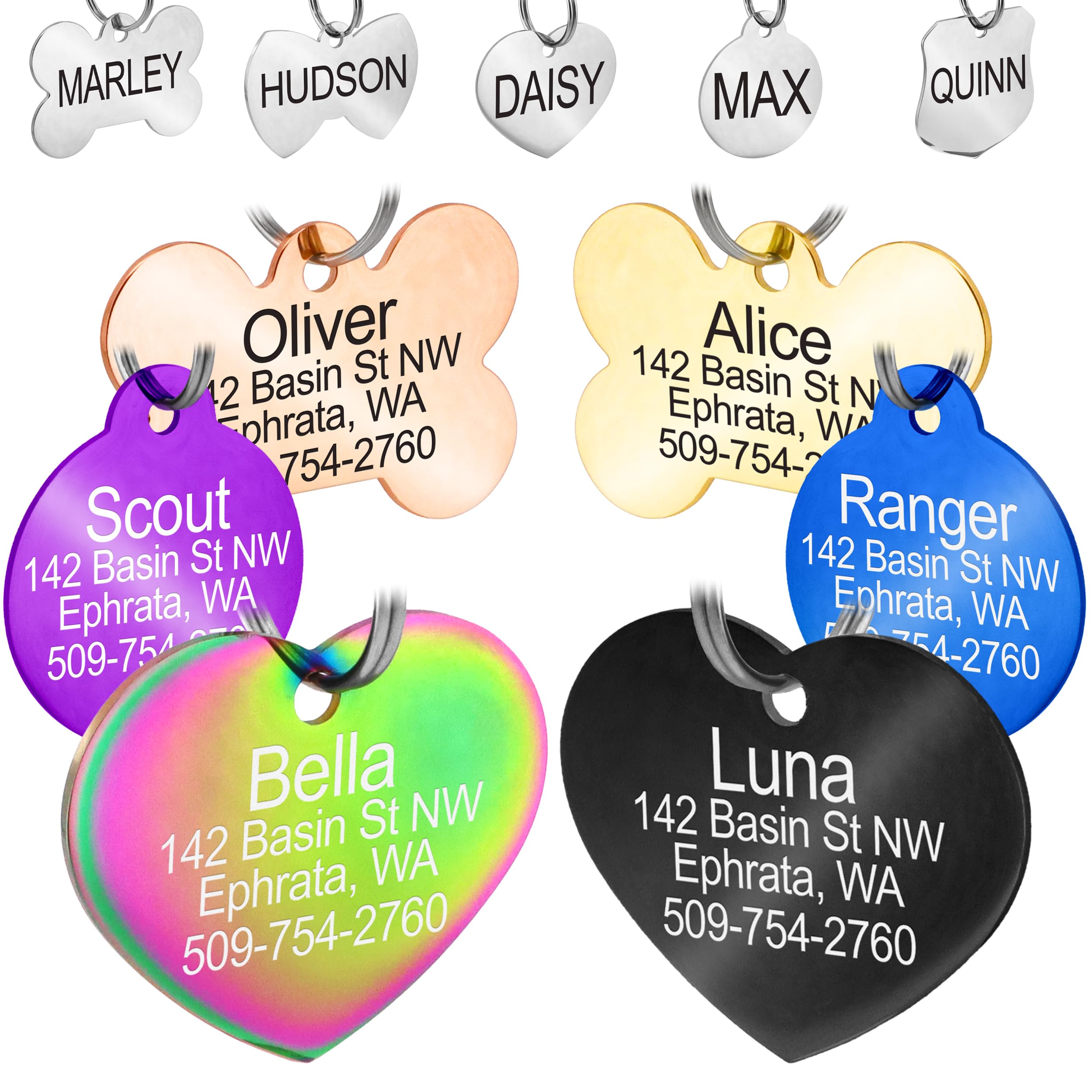GoTags Steel Pet ID Tags, Personalized Dog Tags and Cat Tags, up to 8 Lines of Custom Engraved Text, Bone, Round, Heart, Bow Tie and More in 7 Colors