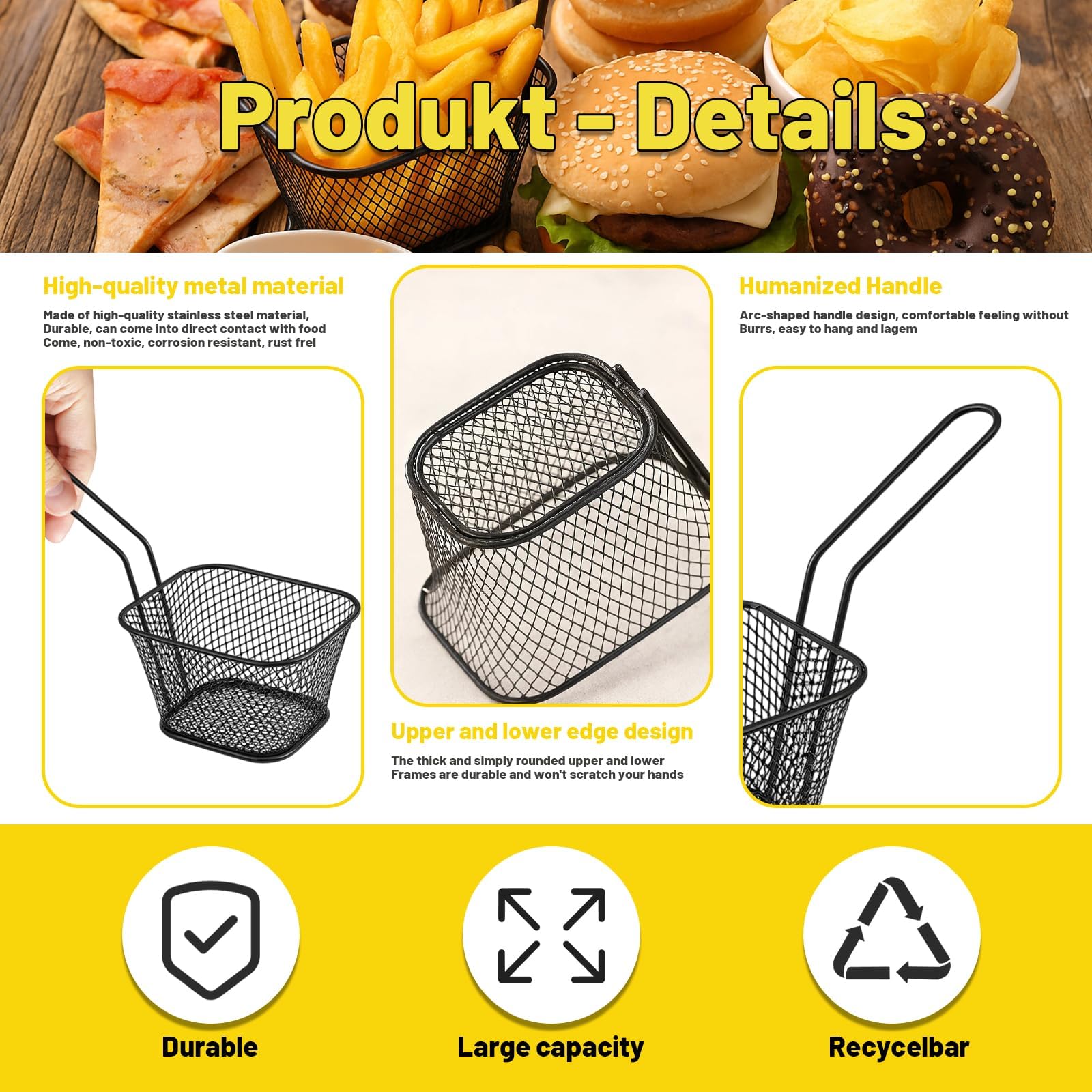 4 cestini per patatine, in acciaio inox, colore nero, ideali per friggere e servire patatine fritte e snack, durevoli e versatili