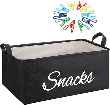 Newtay 17 Pcs Snack Basket Sets, Snack Storage Bin for Pantry Shelves with 16 Pcs 2 Inch Chip Clips, Basket Organizer for Kitchen Home, Chips, Popcorn, Candy, PretzelsBurlap,Black