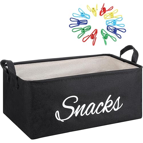 17 Pcs Snack Basket Sets, Snack Storage Bin for Pantry Shelves with 16 Pcs 2 Inch Chip Clips, Basket Organizer for Kitchen Home, Chips, Popcorn, Candy, Pretzels(Burlap,Black)