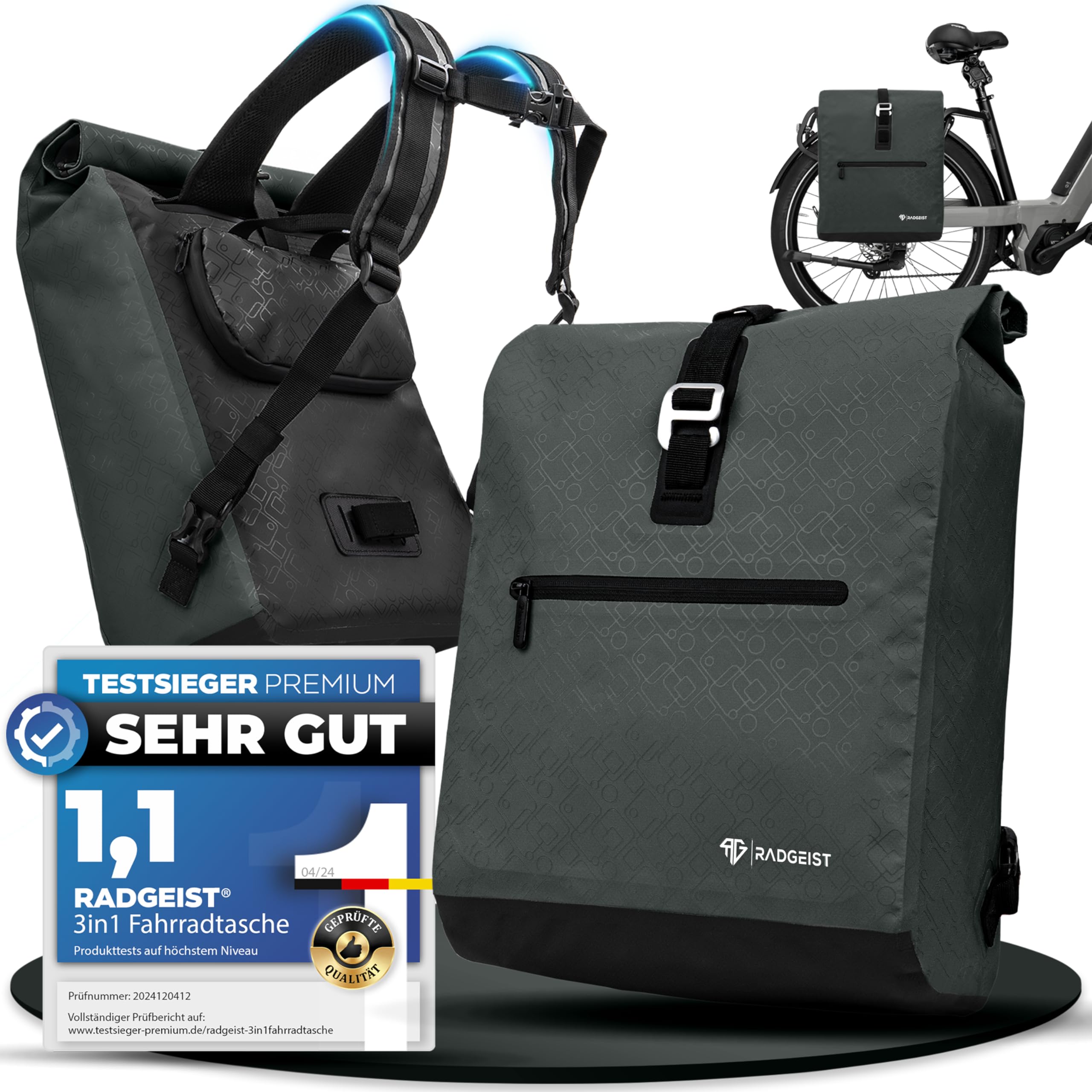 RADGEIST Fahrradtasche für Gepäckträger I Gepäckträgertasche & Rucksack I Fahrradtasche für Damen & Herren I Umhängetasche & Gepäcktasche für Fahrrad 20L Anthrazit