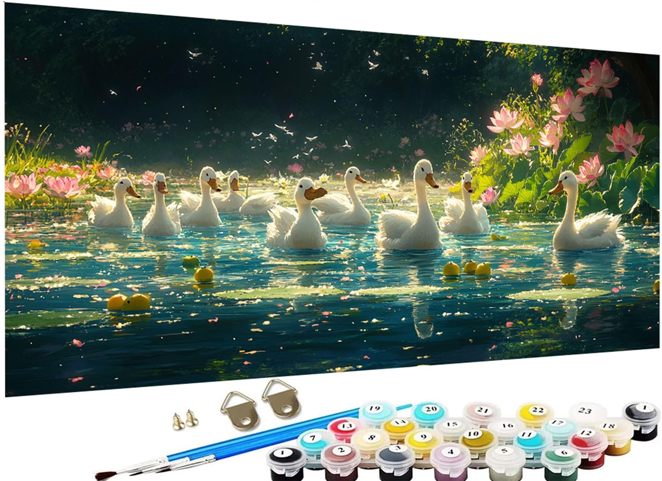 Anatra Dipingere con i Numeri Adulti, stagno Paint by Numbers Kit Principianti Con 3 Penne, Hobby Creativi Adulti Idee Regalo Donna per Decorazioni Autunnali Casa, 70 x 140 cm (Senza Cornice) J3-892