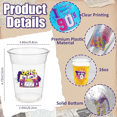 Miniatura 6 de Vasos de decoración de fiestas temáticas de los años 90, 50 vasos de plástico desechables de 16 onzas para música retro, hip hop, baile de regreso a