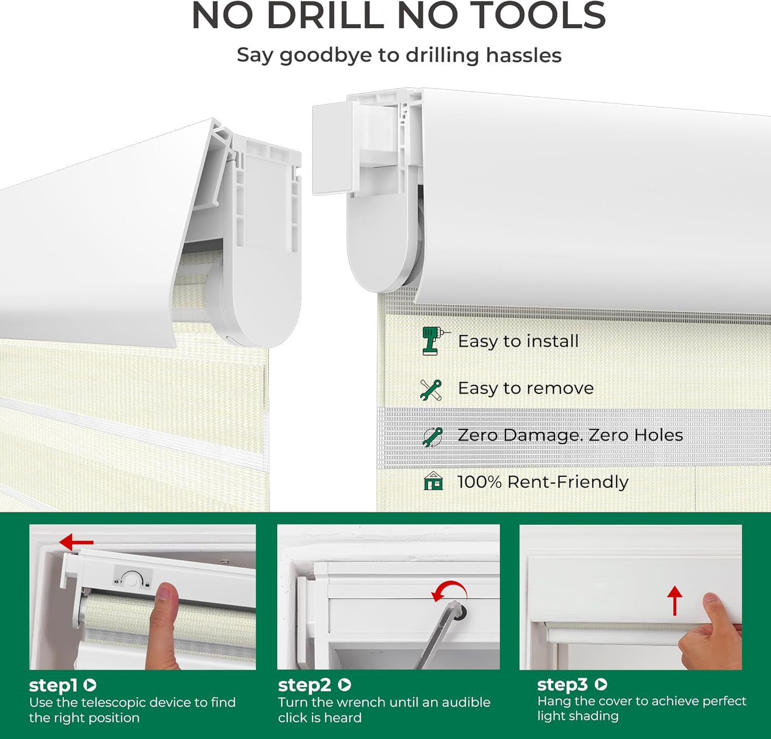 Allesin No Drill Motorized Zebra Blinds with Remote 36x72 Pearl White | Rechargeable Smart Automatic Dual Layer Shades, Cordless Electric Window Blinds Pearl White 36"W x 72"H