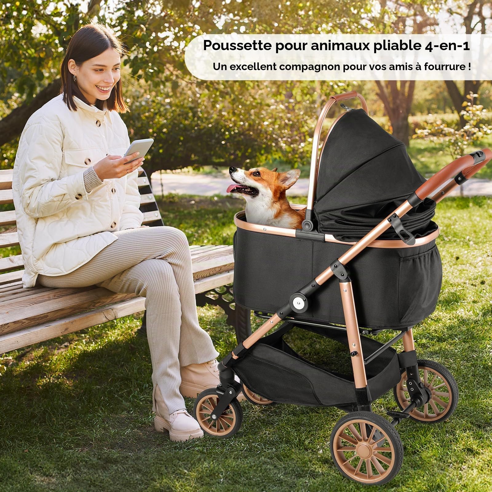 MAMIZO Poussette pour Chien 4 en 1, Pliable jusqu'à 25 kg, Sac de Transport Pliable, 4 PCS Roues Caoutchouc 360° avec Suspension Amortissante, Poussette Chien Tout Terrain (Noir)