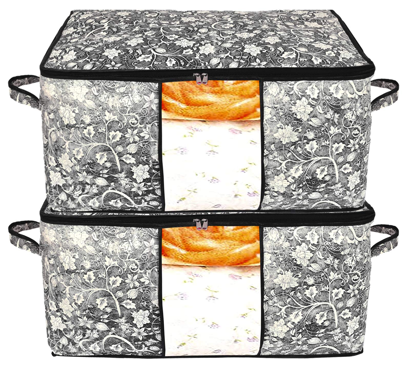 Kuber Industries Metalic Flower Print Foldable Clothes Storage Bag Wardrobe Organizer Non Woven Fabric for Comforters,Blankets,Bedding with Sturdy Zipper,Clear Window (Set of 2,Black)-KUBMART16600-image-12