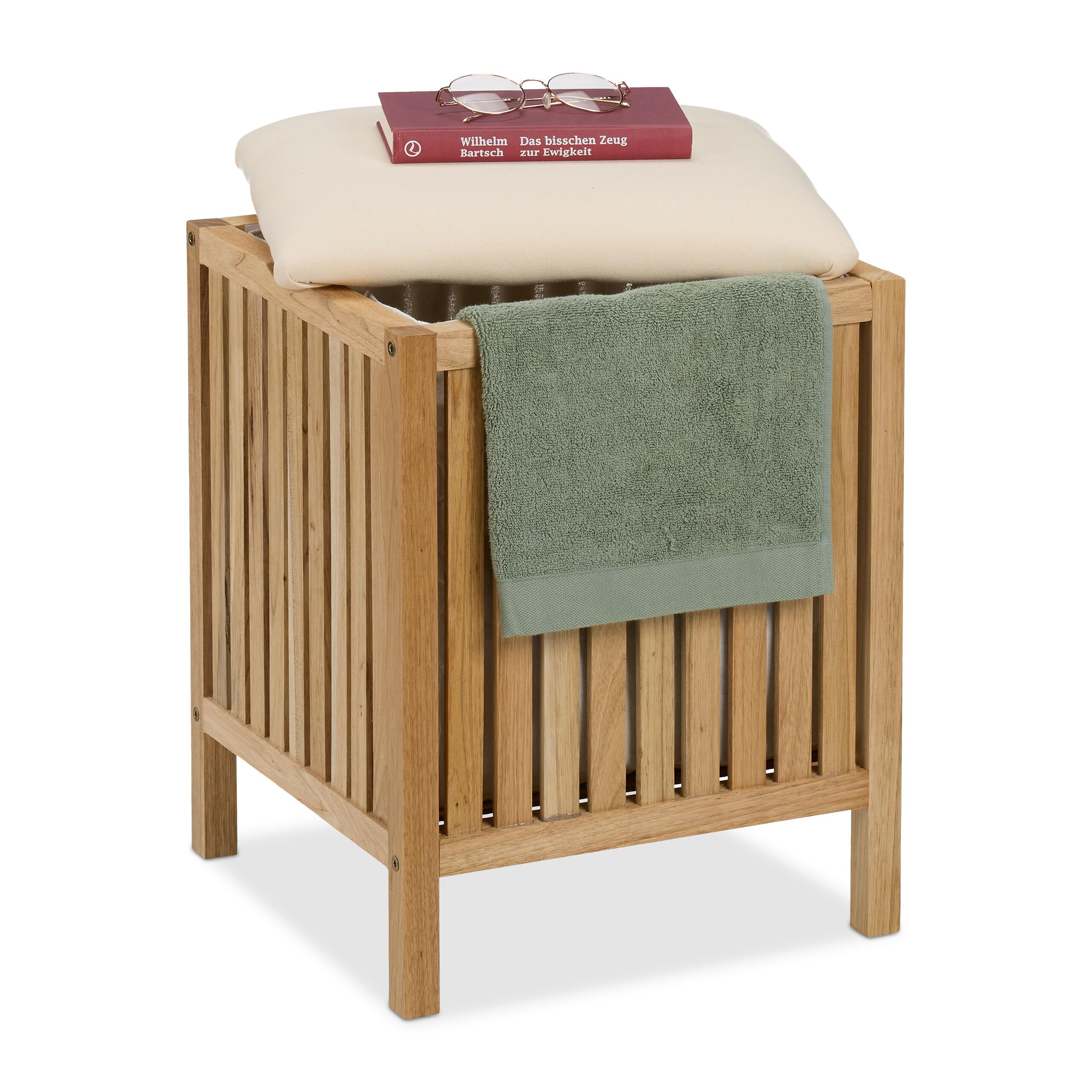 Relaxdays Laundry Basket with Seat, Laundry Storage Tabuerete, 30 L, 51 x 38 x 38 cm, Wood, Fabric, Natural/White