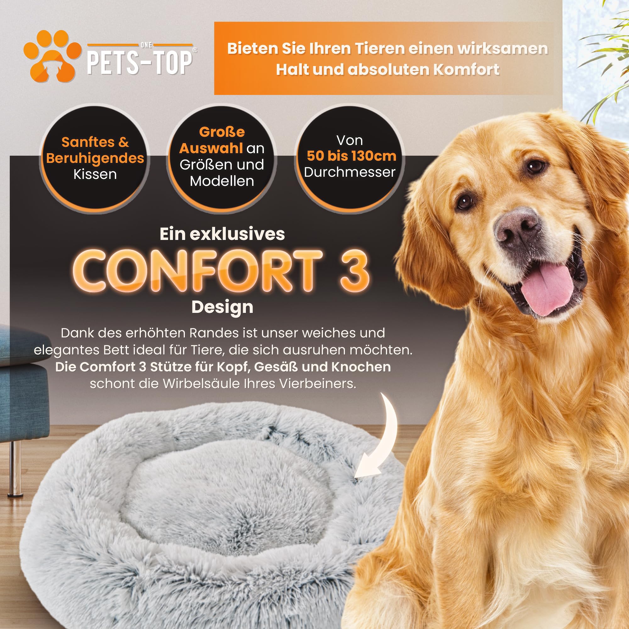 One PETS-TOP® Hundekörbchen Waschbar Fluffy – Donut Hundebett Flauschig mit Abnehmbarem Bezug – Hundebett Rund für Kleine & Große Hunde – Hundekissen Waschbar Anti-Stress – 115cm Durchmesser Perlgrau