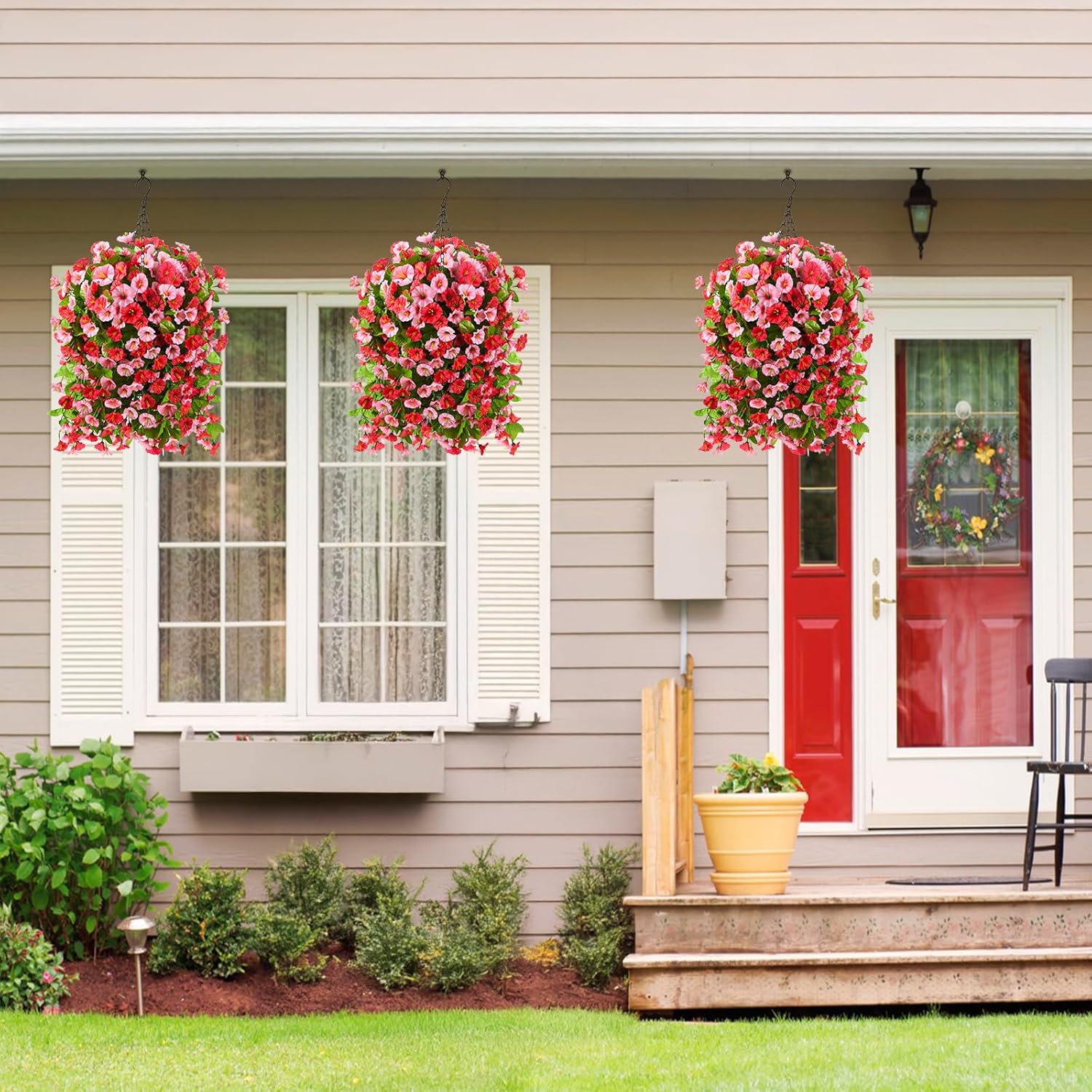 Homsunny Artificial Faux Hanging Flowers Plants Baskets for Outdoor Spring Summer Decorations,Resistant Fake Morning Glory Silk Plants for Outside UV Resistant Patio Yard Home Porch Decor(Rose red) - Image 6