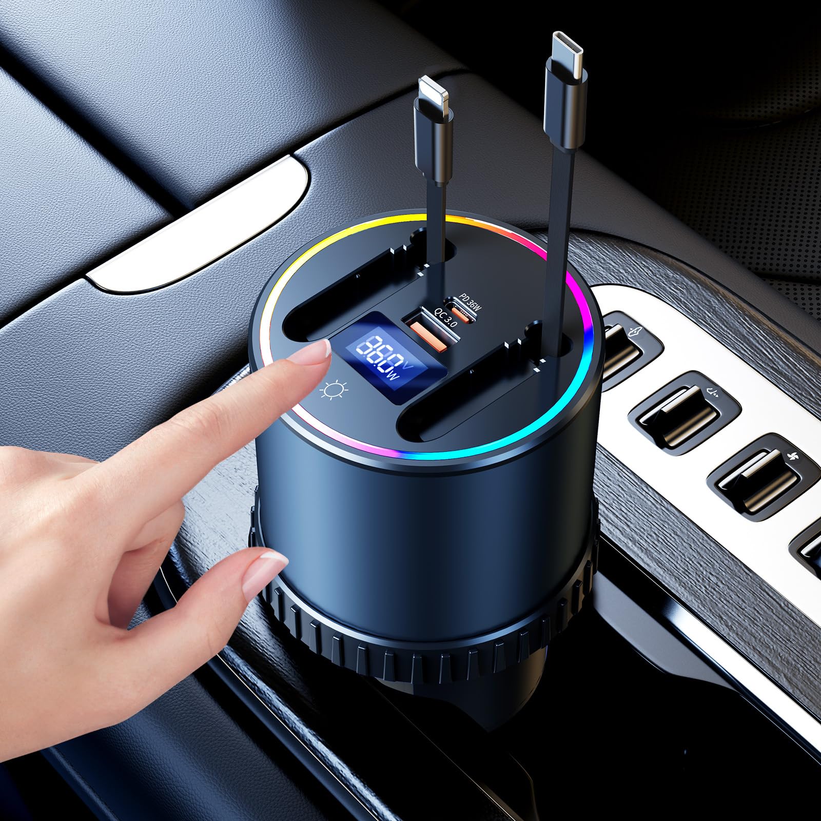 Cargador de coche retráctil USB de 4 puertos y adaptador mechero con RGB 8