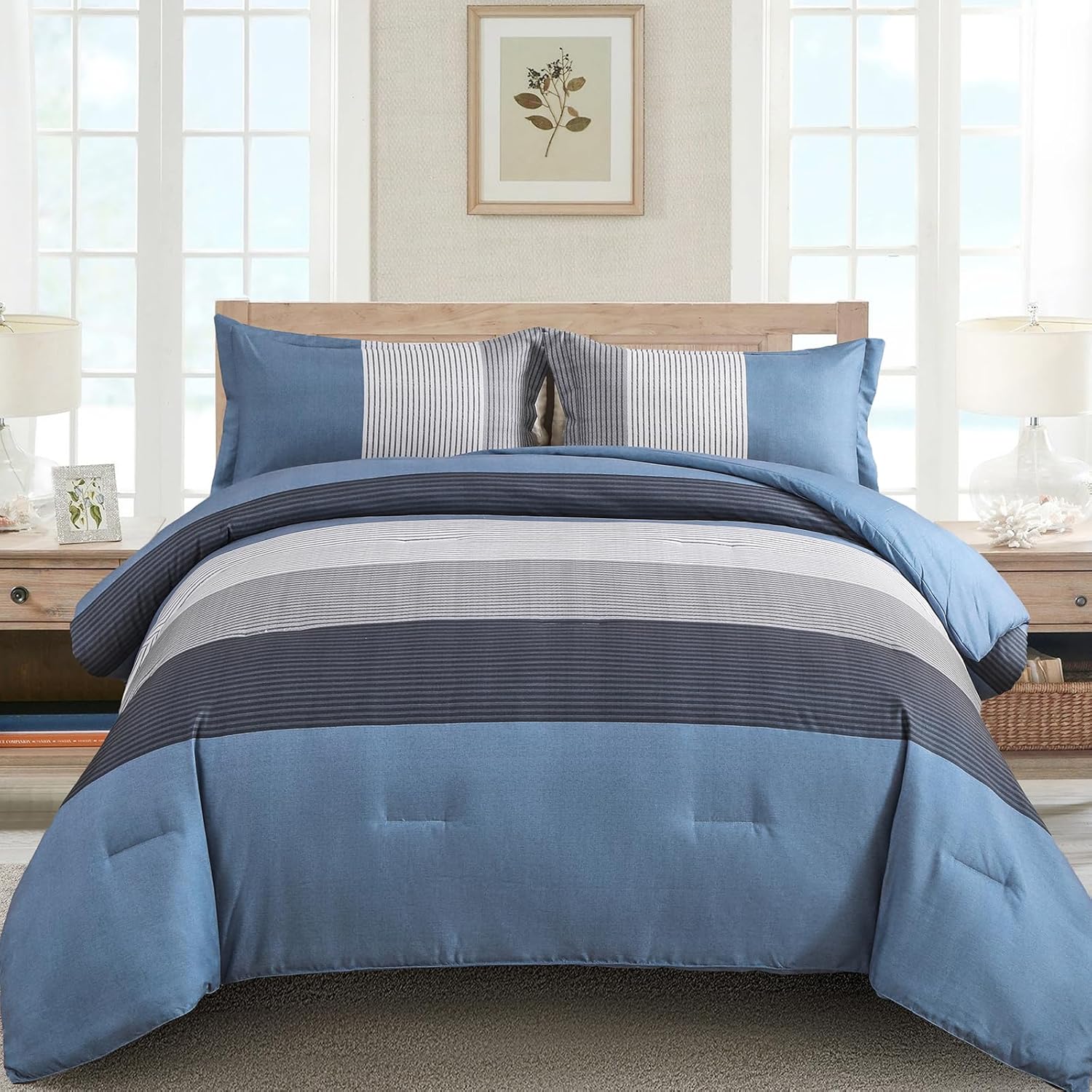 WONGS BEDDING Comforter Set Queen Size, Reversible Blue Grey Striped Patchwork Alternative Comforter for Queen Bed,3 Pieces (1 Comforter+2 Pillowcases), Soft Microfiber Bedding Duvet Set 90”×90”
