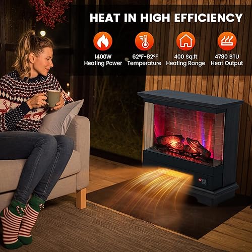 Miniatura 7 de ORALNER Chimenea eléctrica de 27 pulgadas con chimenea, vista de vidrio de 3 lados, caja de fuego envolvente de madera, calentador de chimenea