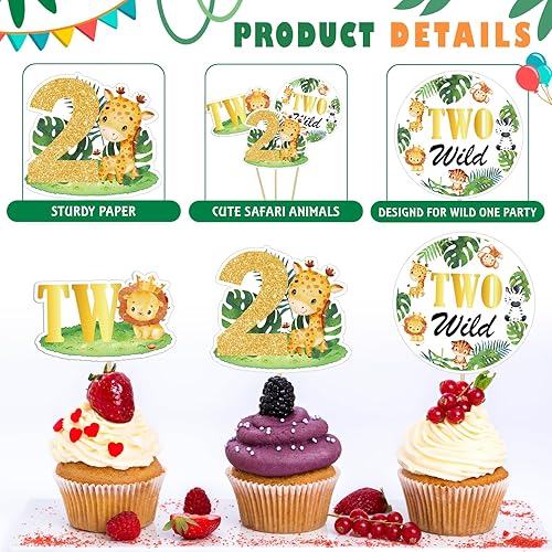 Miniatura 3 de 48 adornos para cupcakes salvajes, dos decoraciones de cumpleaños salvajes para niños, decoración de tartas de animales de la selva, decoraciones de