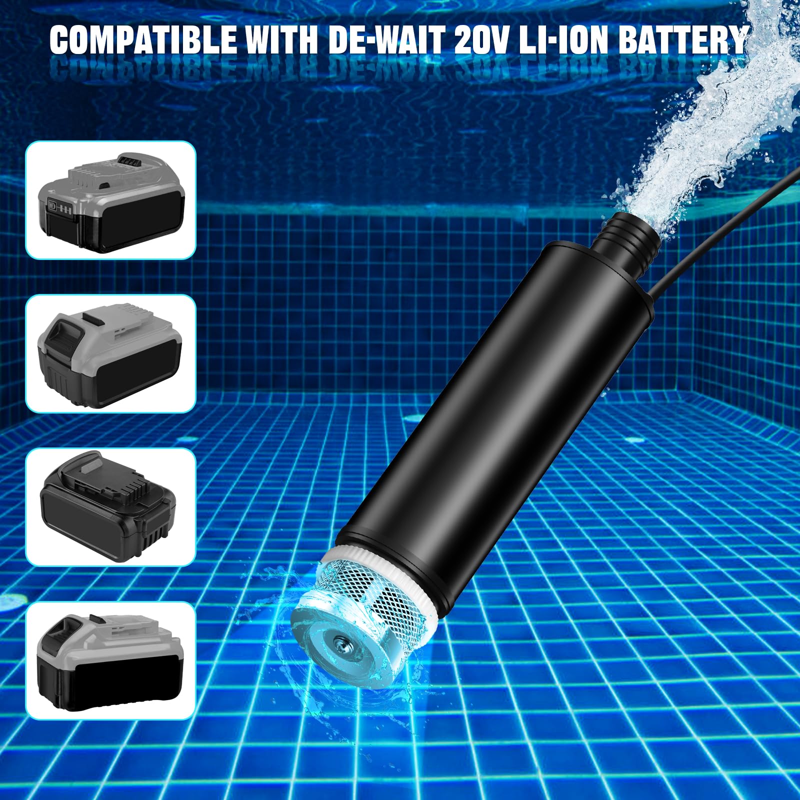 Pompa sommergibile compatibile con batteria Dewalt da 20 V 60 V, 30 l/min, cavo 15 FT, pompa dell'acqua alimentata da 120 W, pompa di trasferimento per fontane profonde per giardino, campeggio