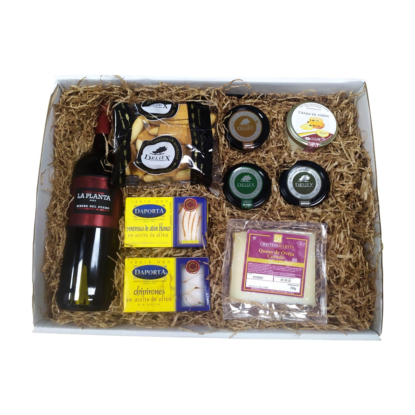 Pack Picoteo 5 - cesta gourmet con Vino tinto ribera del duero La Planta, 4 variedades de cremas de quesos, conservas de pescado gourmet y picos de pan ideal para regalos