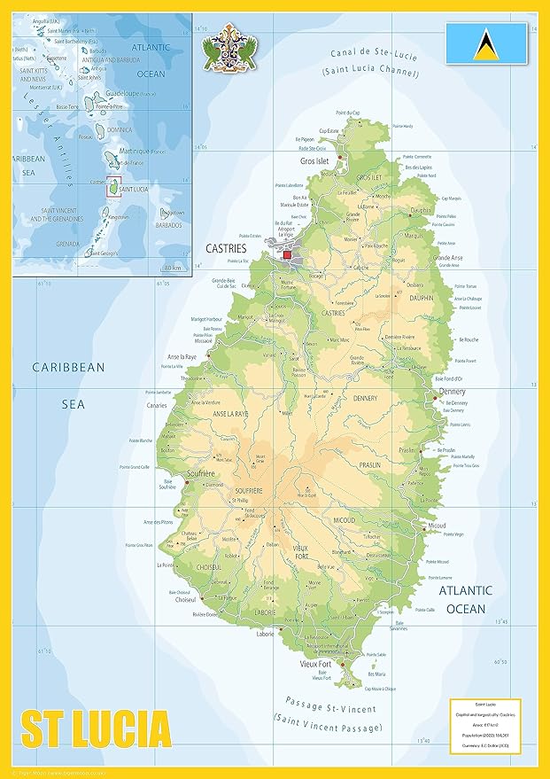 Physical Map Of St Lucia The Oxford Collection Size A2 Paper AC SY879 