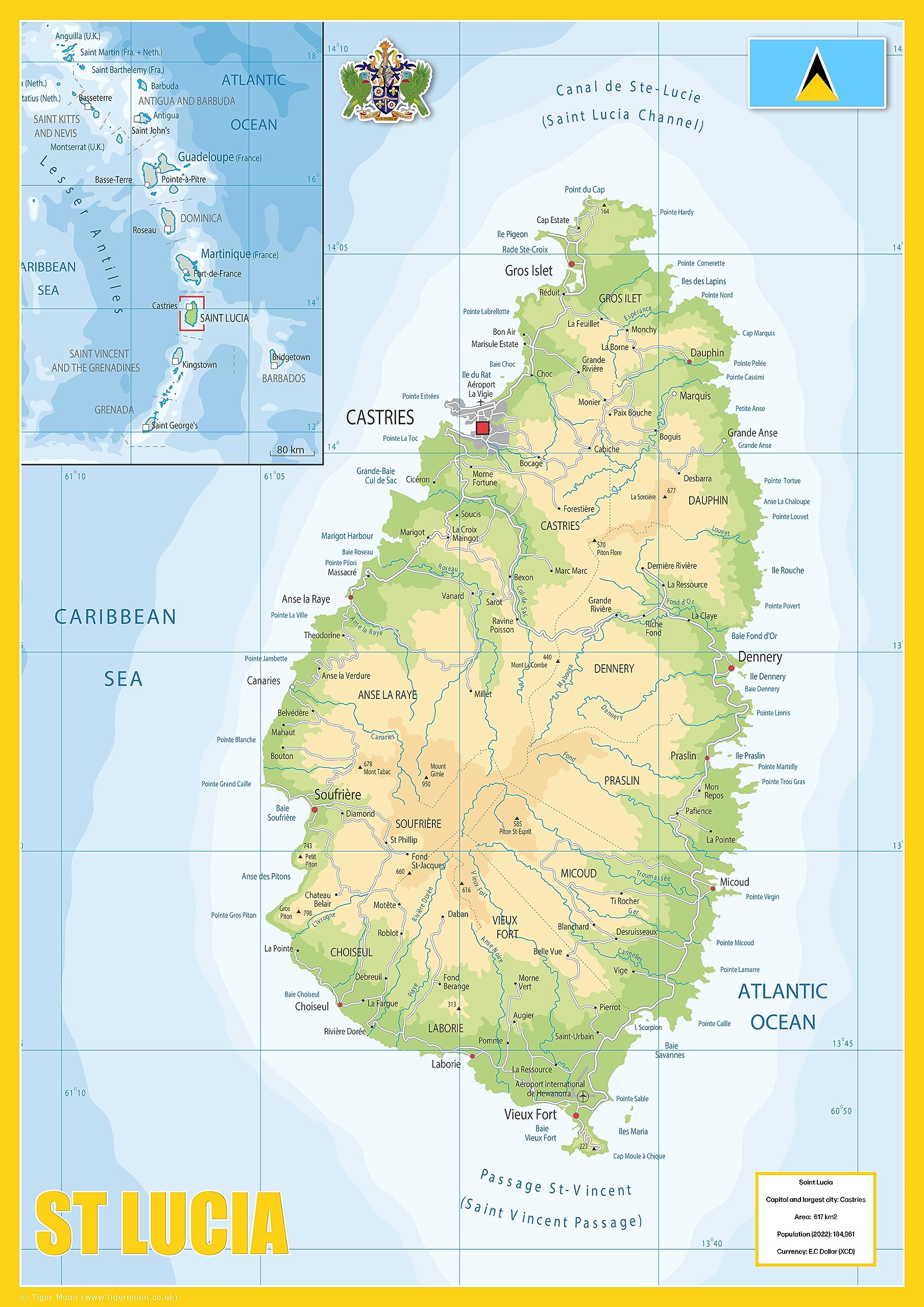 Physical Map of St Lucia The Oxford Collection Size A2 Paper