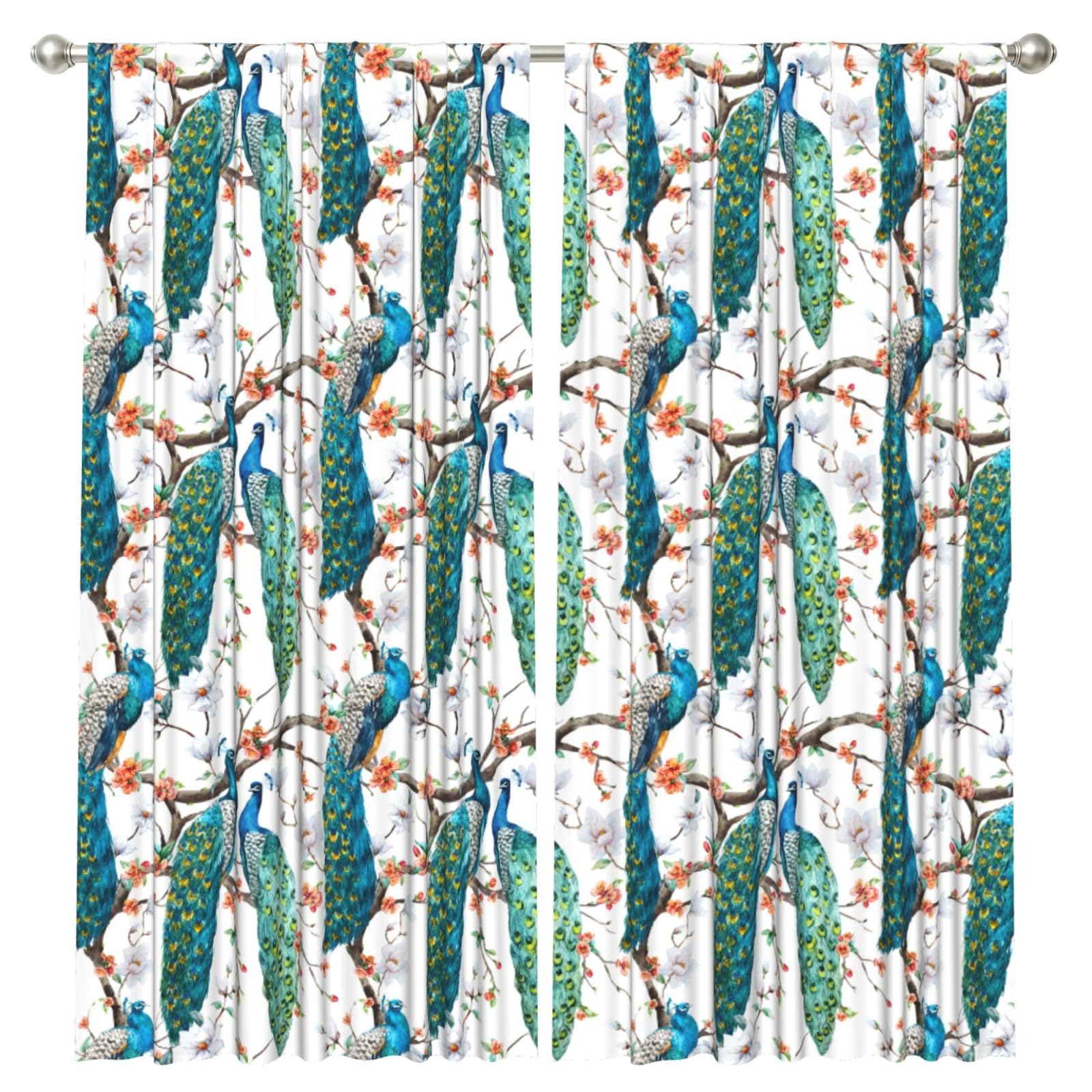 InOmak Beautiful Peacock Flowers Print, 2 Panels Window Curtains 52 x 84 Inch Blackout Curtains for Living Room Bedroom