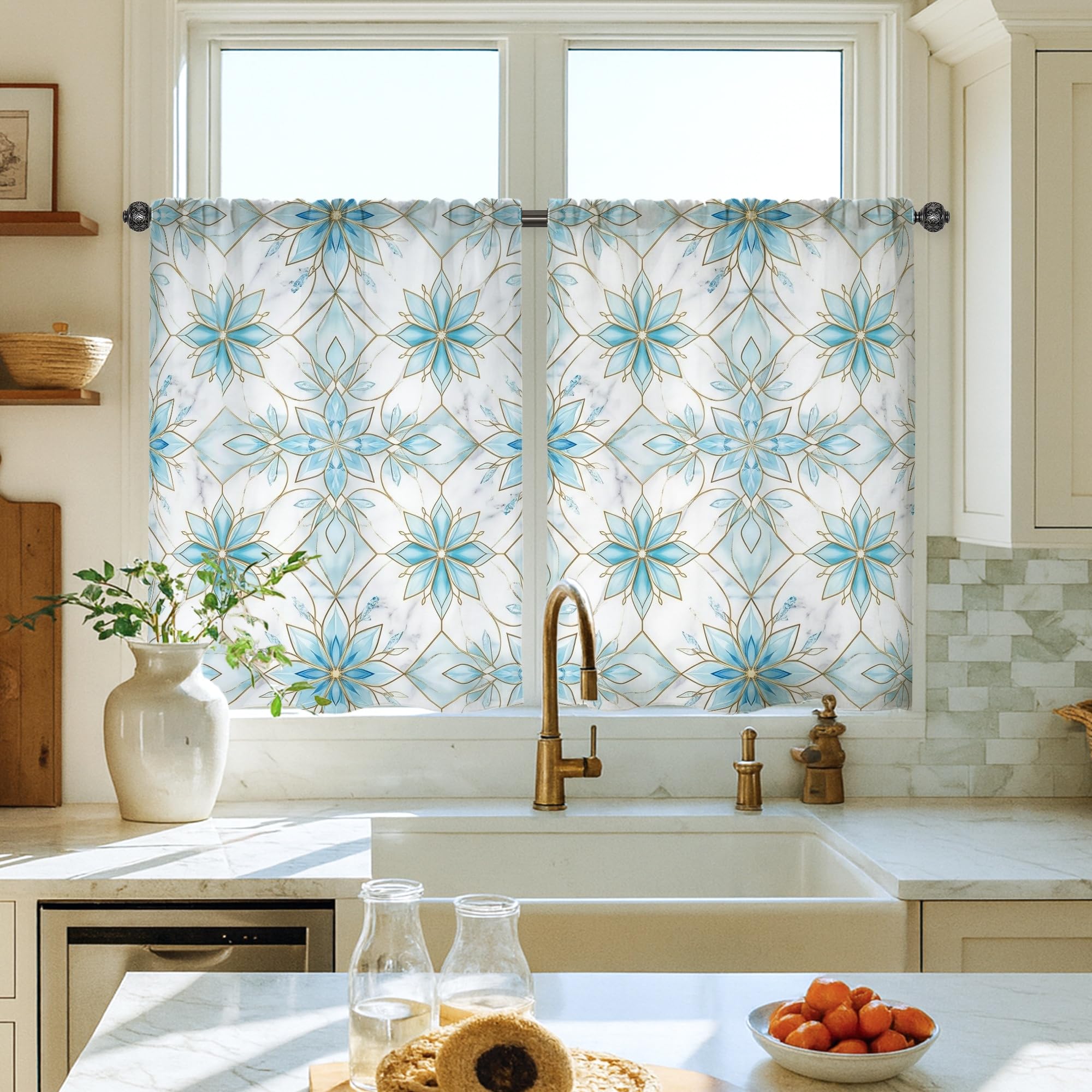 Rideaux de cuisine 71 x 99 cm bleu printemps pour fenêtre étroite d'évier
