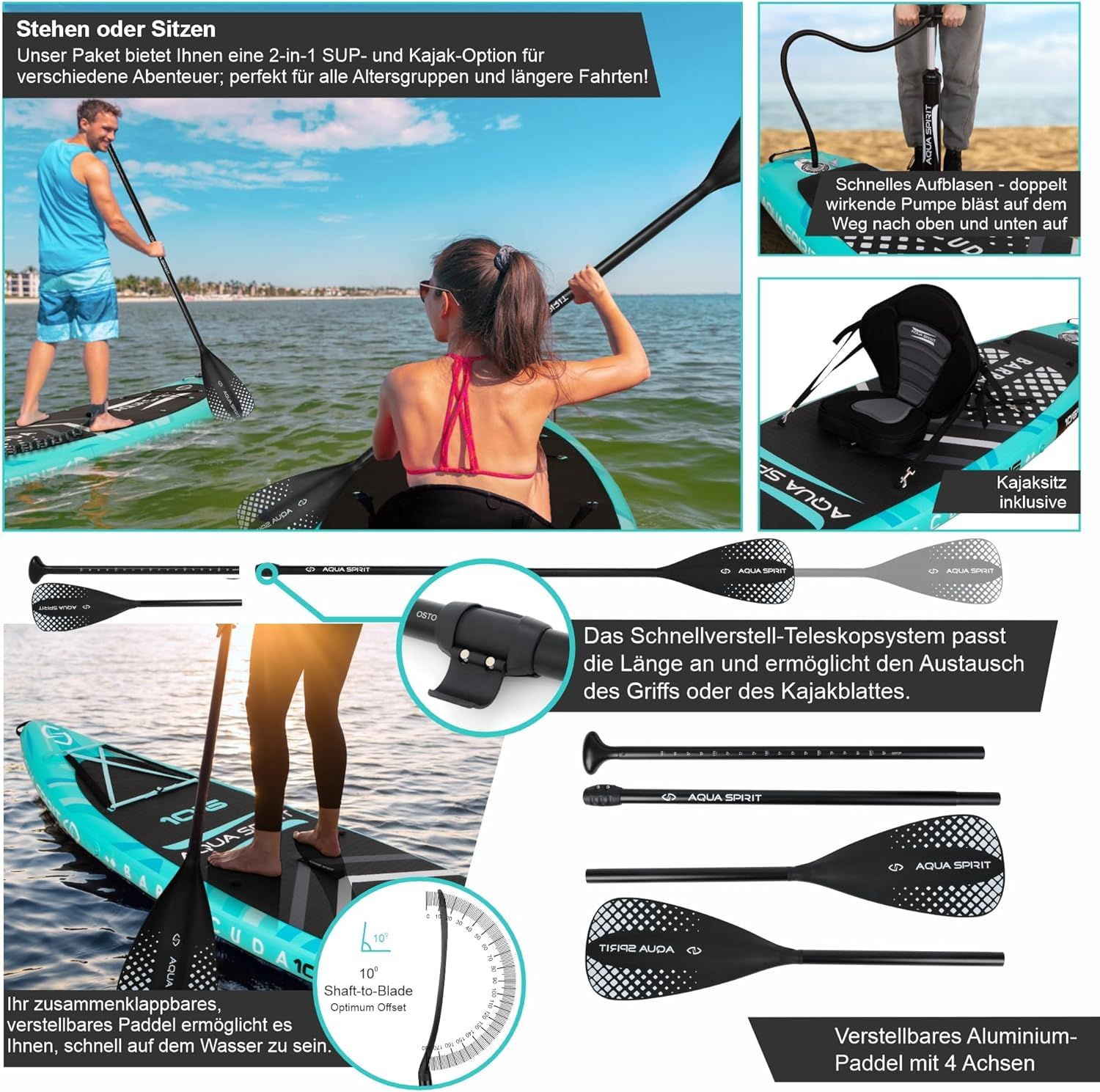 Aqua Spirit SUP Aufblasbares Stand-Up Paddle Board 2024 | 320x81x15cm | Kompletter Kajak-Umbausatz mit Paddel, Rucksack, Pumpe und weiterem Zubehör | Erwachsene Anfänger/Experten | 2 Jahre Garantie