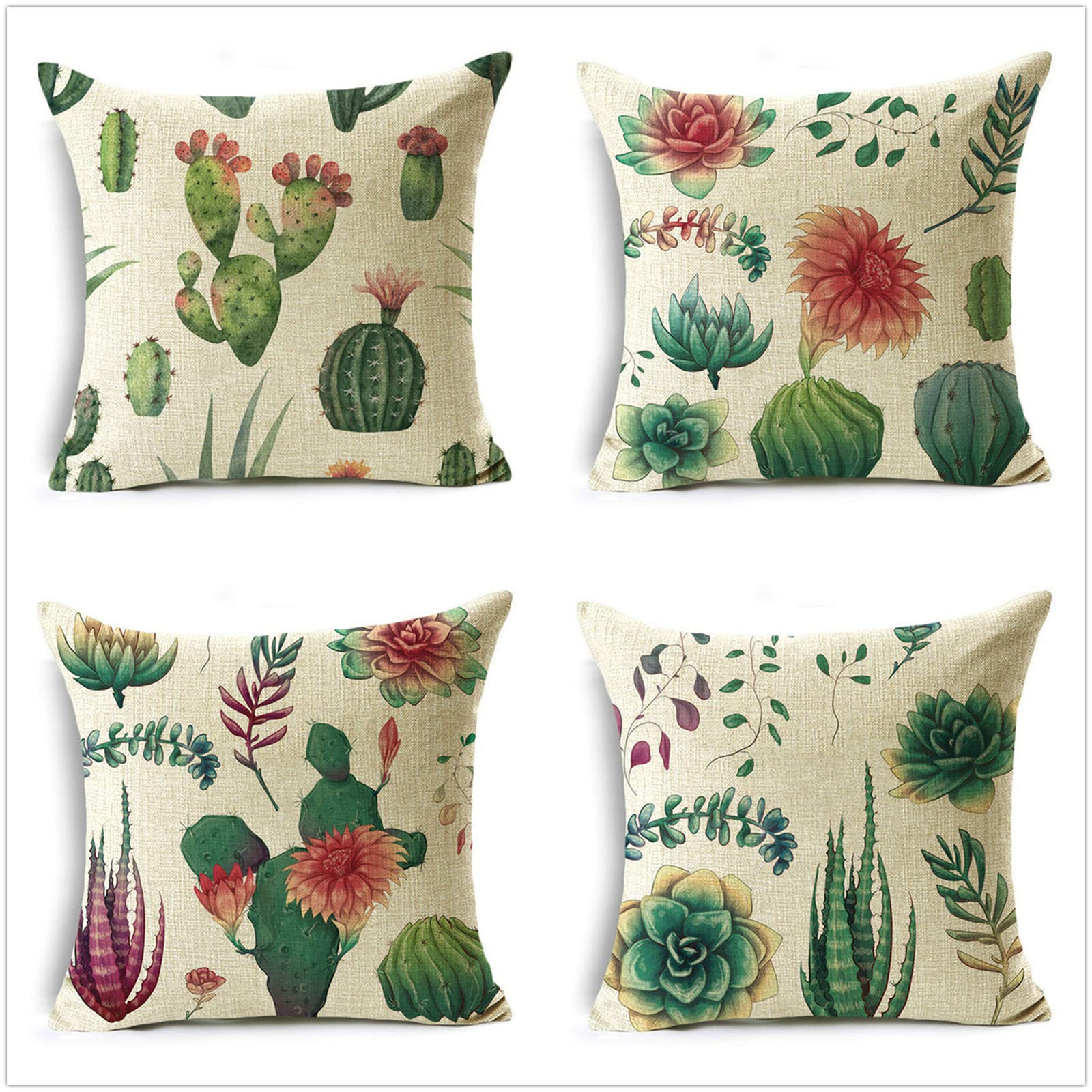 Juego de 4 Fundas de Cojines 100x100cm,Planta Cactus Flor Fundas para Cojines Flax Decorativa Hogar Almohadas Fundas con Cremallera Oculta,para Sala Sofá Cama Decoración para Hogar A305