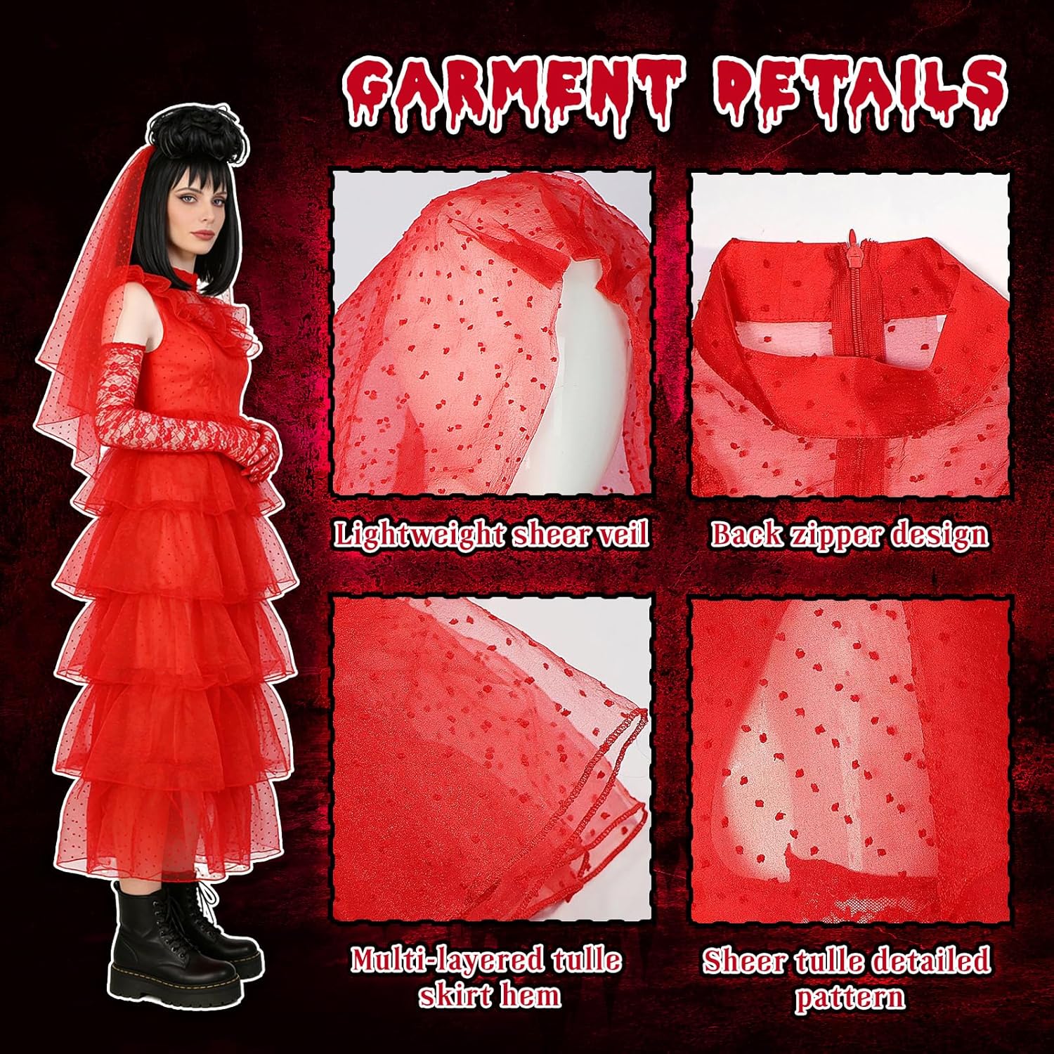 4PCS Women Lydia Deetz Costume Dress Beetle Bride Red Wedding Dress Wig Gloves Cosplay Gothic for Adult Halloween - Image 3