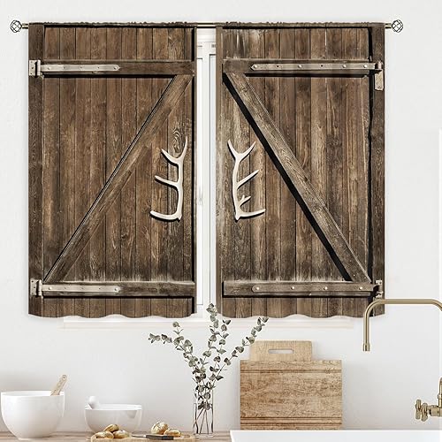 Miniatura 12 de Cinbloo Cortinas de Cocina Estilo Granja 52Wx18H Pulgadas Bolsillo para Varilla Cenefa de Vaca Oveja Granja Occidental País Retro Madera para Niños