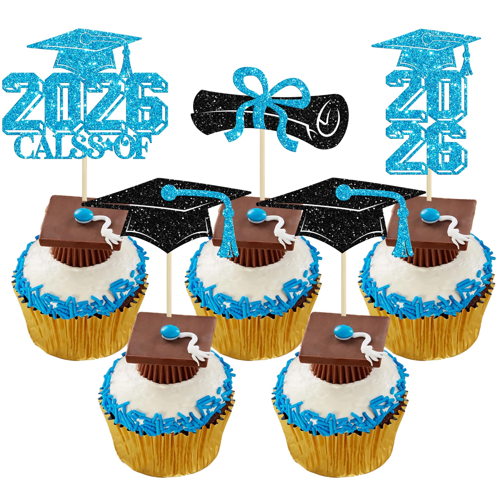 Gyufise 36Pcs 2026 Graduation Theme Cupcake Toppers Glitter Class of 2026 Graduation Cap Diploma Cupcake Picks 2026 Graduate Theme Party Cake Decorations Supplies Light Blue