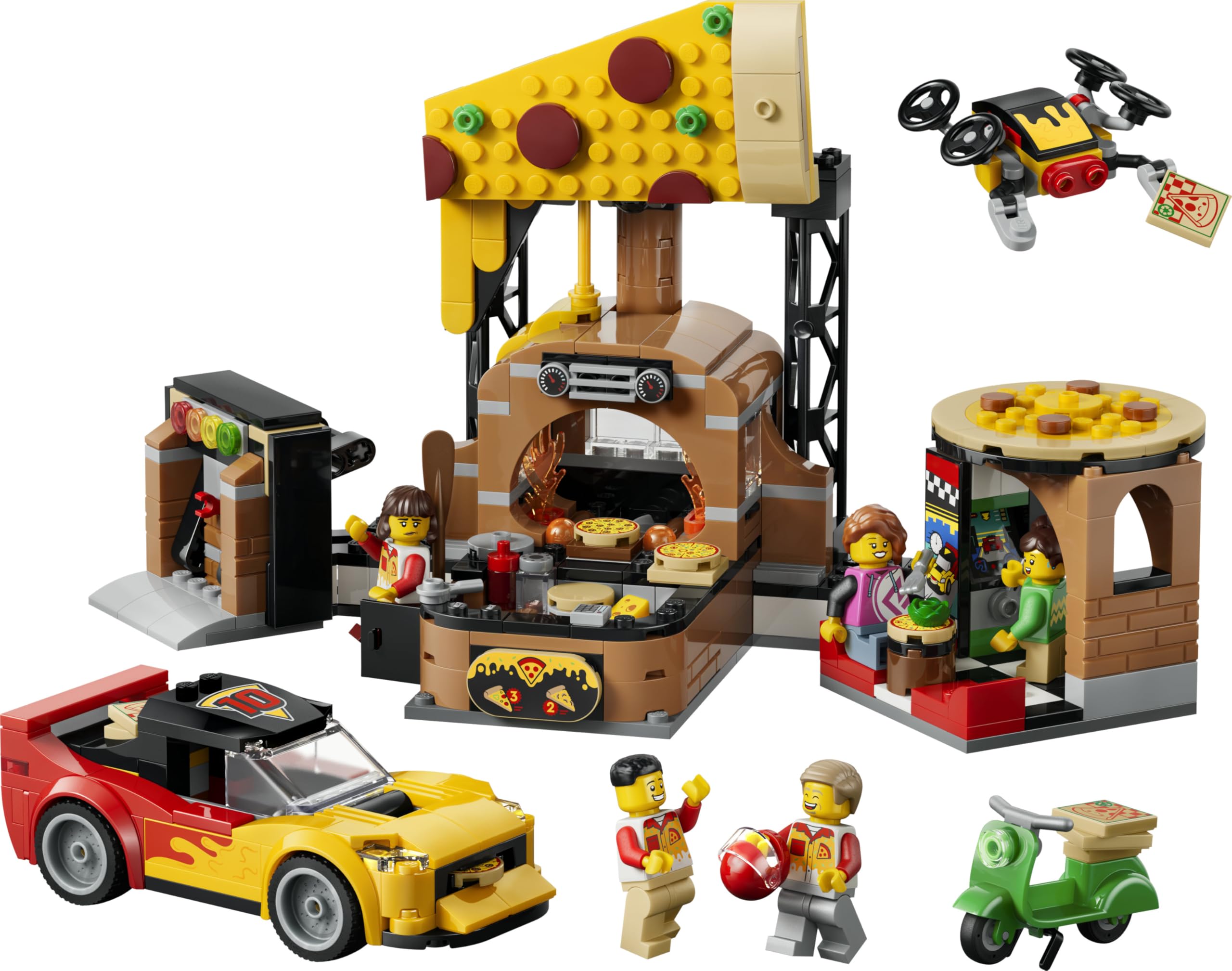 LEGO City Experiencia de Pizza a Domicilio con Vehículos – Coche, Moto y Dron de Juguete, Comida, Máquina Recreativa y 4 Minifiguras – Regalo de Cumpleaños para Niños de 6+ Años – 60496