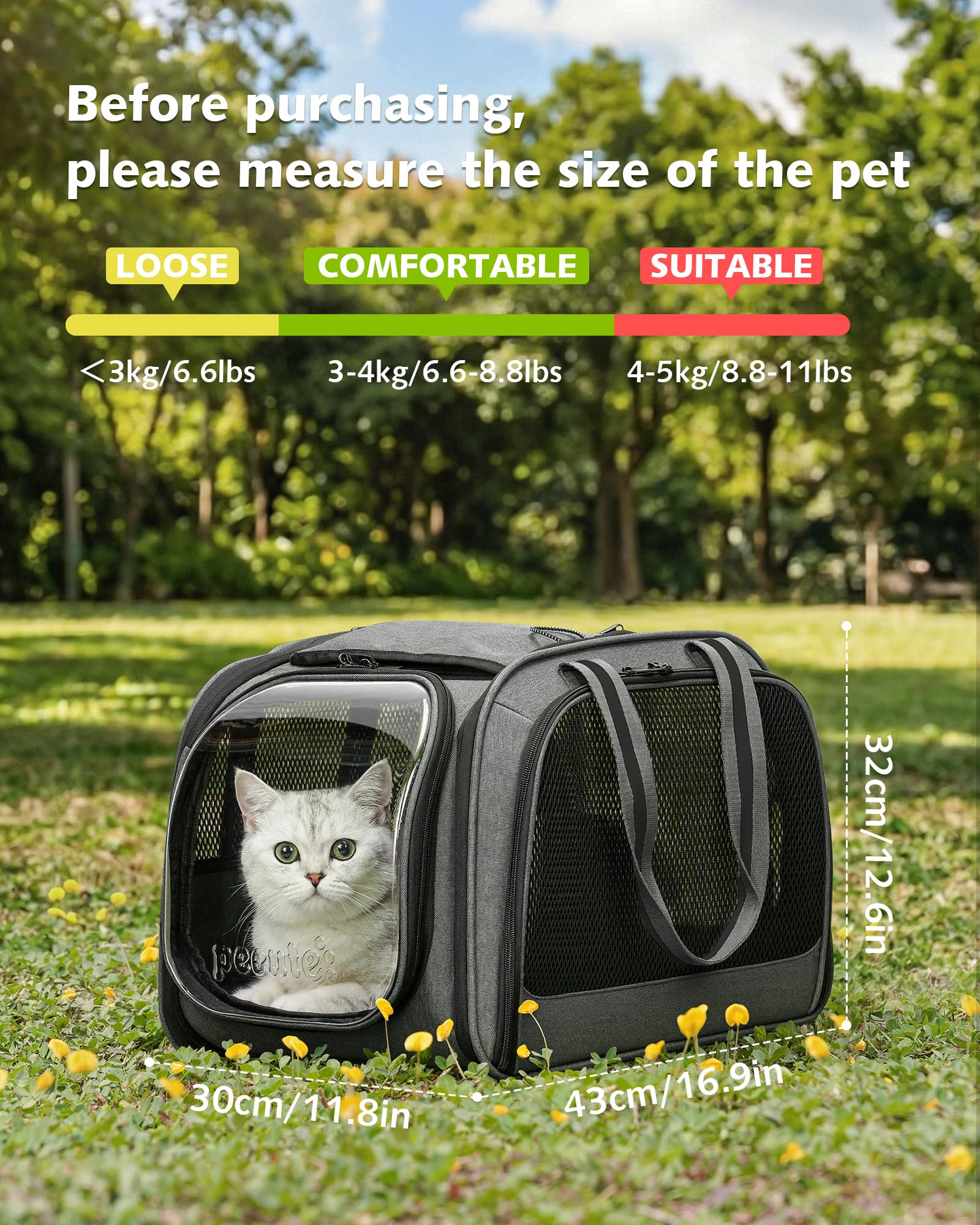 pecute Transportín Gato Grande, Coche Cero Ansiedad | Bolsa de Transporte Estructura de Acero Antideformación de 5mm, Persiana Enrollable de Privacidad, Ventana de Burbuja, Talla M, Gris
