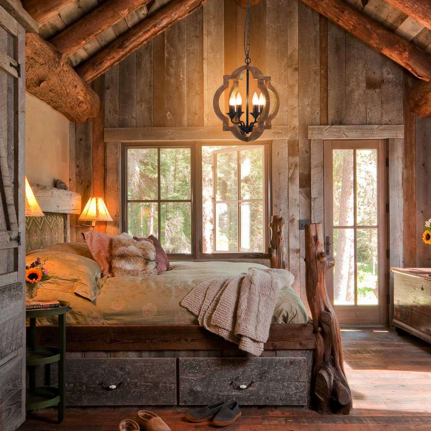 Farmhouse Wood Chandelier 15.4'' 4-Light Wooden Rustic Pendant Lighting for Dining Room Orb Chandelier Light Adjustable Hanging Chain for Living Room Kitchen Island