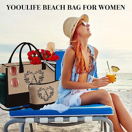 Miniatura 9 de Regalos personalizados para mujeres, bolsa de yute con inicial con bolsa de maquillaje, regalos para mujeres, mamá, novia, cumpleaños, Amarillo, F