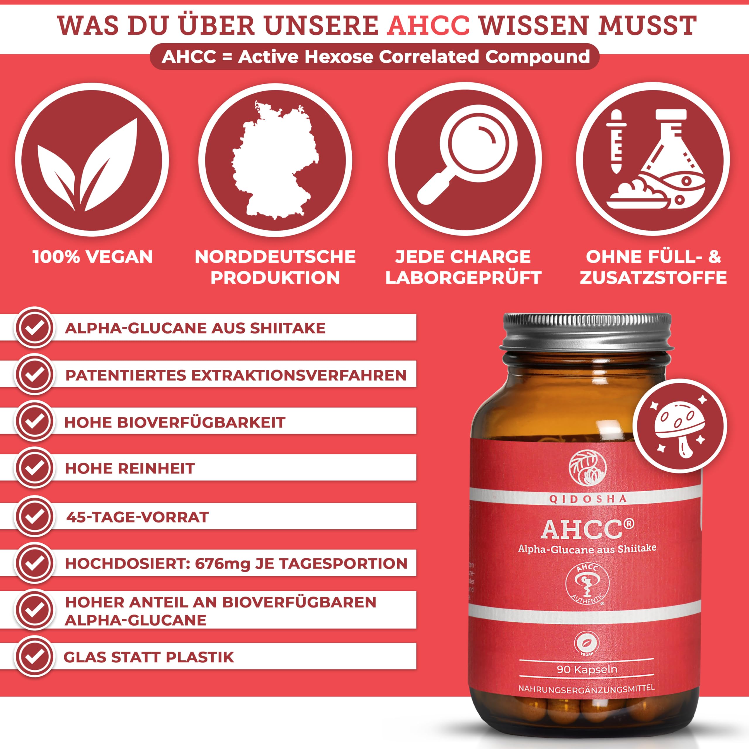 QIDOSHA® AHCC Kapseln, 90 Stk im Apothekerglas, 676 mg Shiitake-Extrakt je Tagesportion, davon 150mg Alpha-Glucane, deutsche Fertigung, jede Charge laborgeprüft
