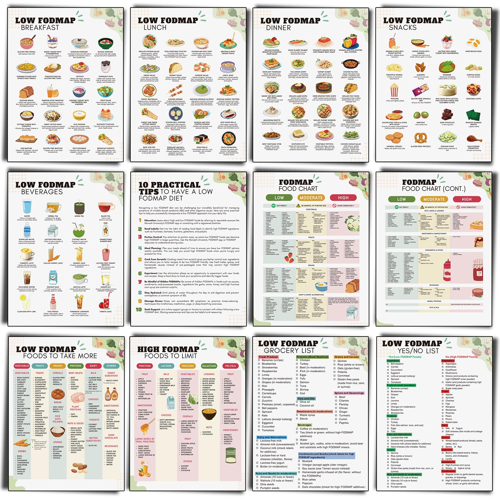Sinload FODMAP FODMAP Lebensmittelliste FODMAP Mahlzeitenplan Ernährungstabelle laminiert Mahlzeiten-Poster für Darmgesundheit, 12 Stück
