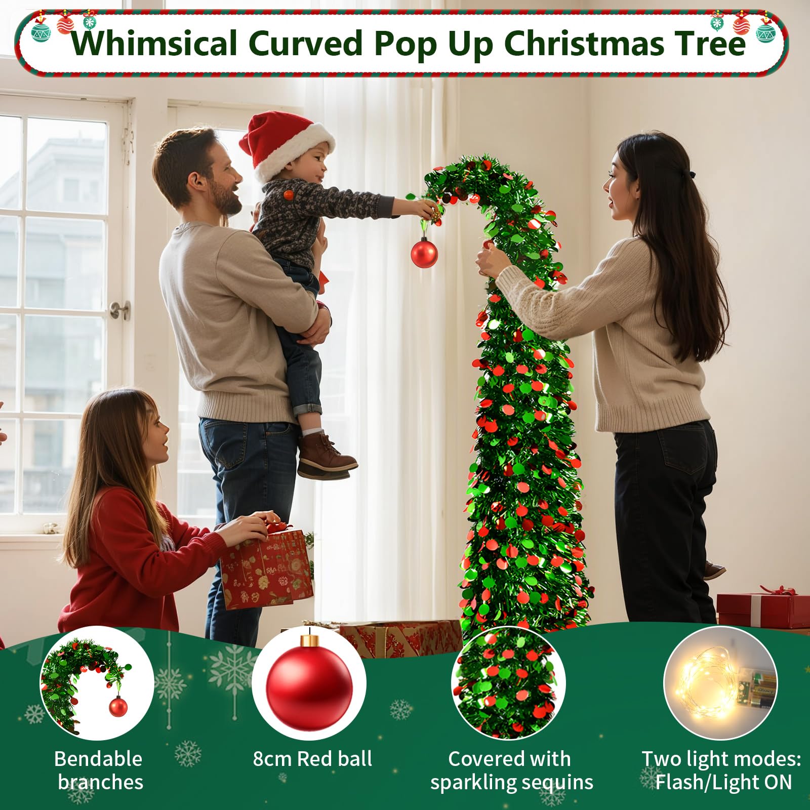 Sapin de Noël pop-up de 150 cm avec 50 lumières LED, guirlande de Noël fantaisiste pliable avec boule rouge pour Noël, maison, appartement, fête, bureau, décoration (vert)