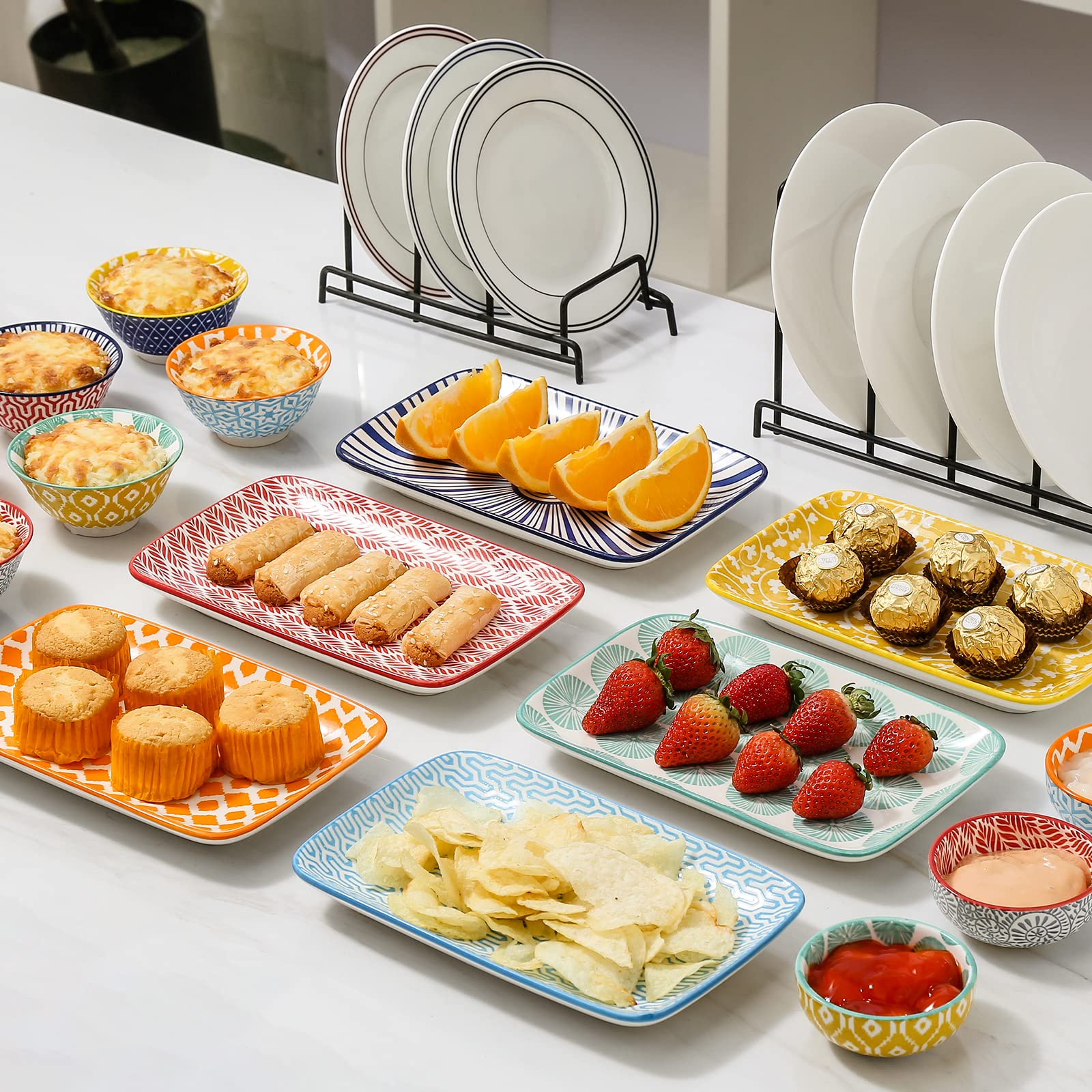 KitchenTour - Bandeja rectangular para servir (20,3 cm, 20,3 cm, incluye 6 platos para ensaladas, aperitivos, sushi, frutas, microondas y lavavajillas