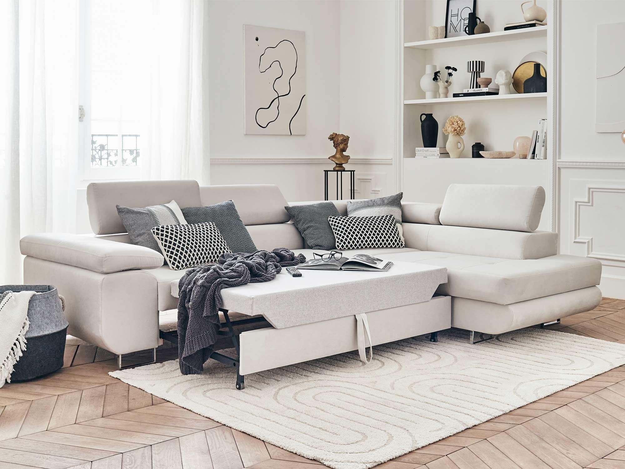 Bestmobilier Pablo - canapé d'angle Droit - 5 Places - Convertible avec Coffre et têtières réglables - en Velours