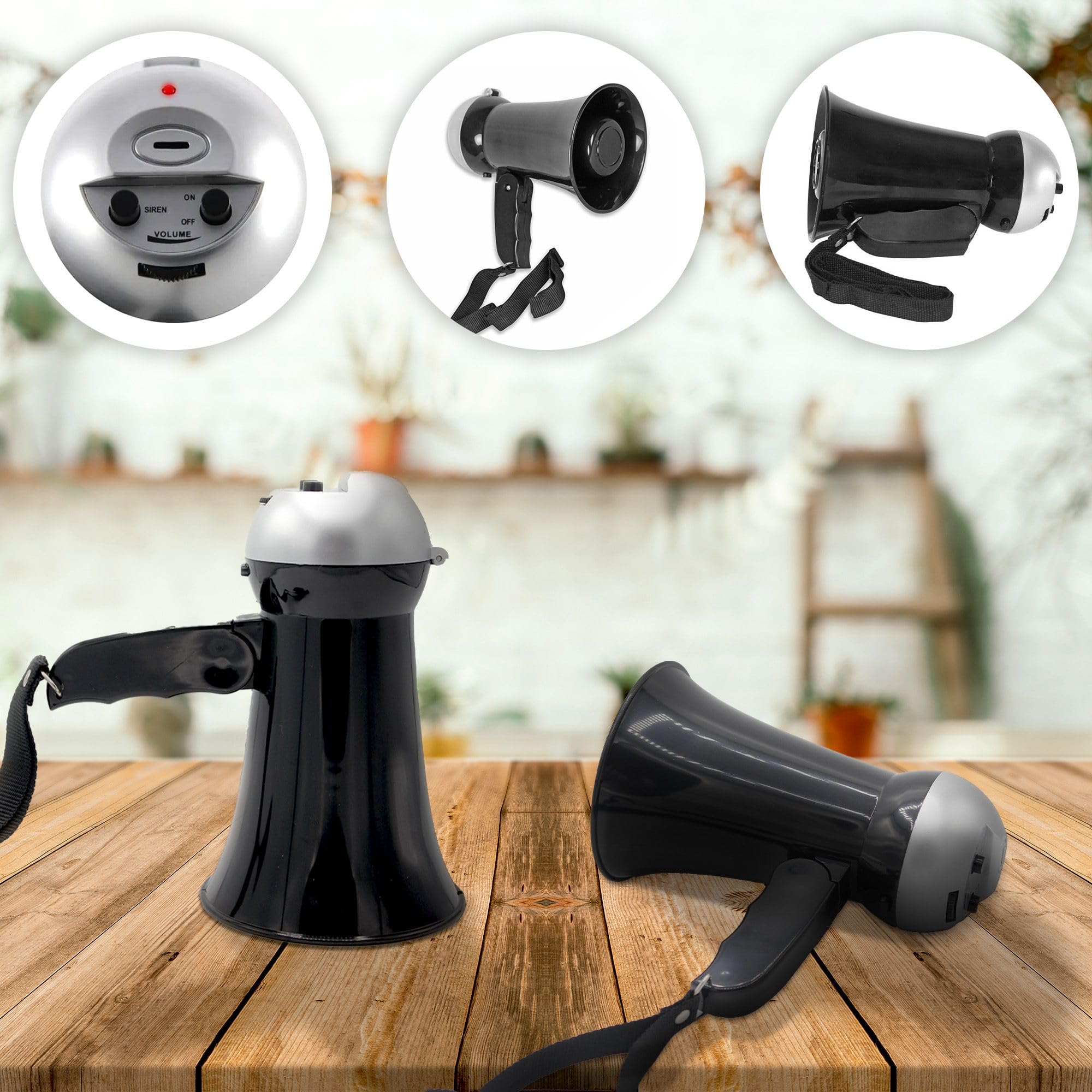 Mini Megáfono 10 W - Función Altavoz y Sirena - Volumen Ajustable - Funciona con 6 Pilas AA - 17 cm - Negro