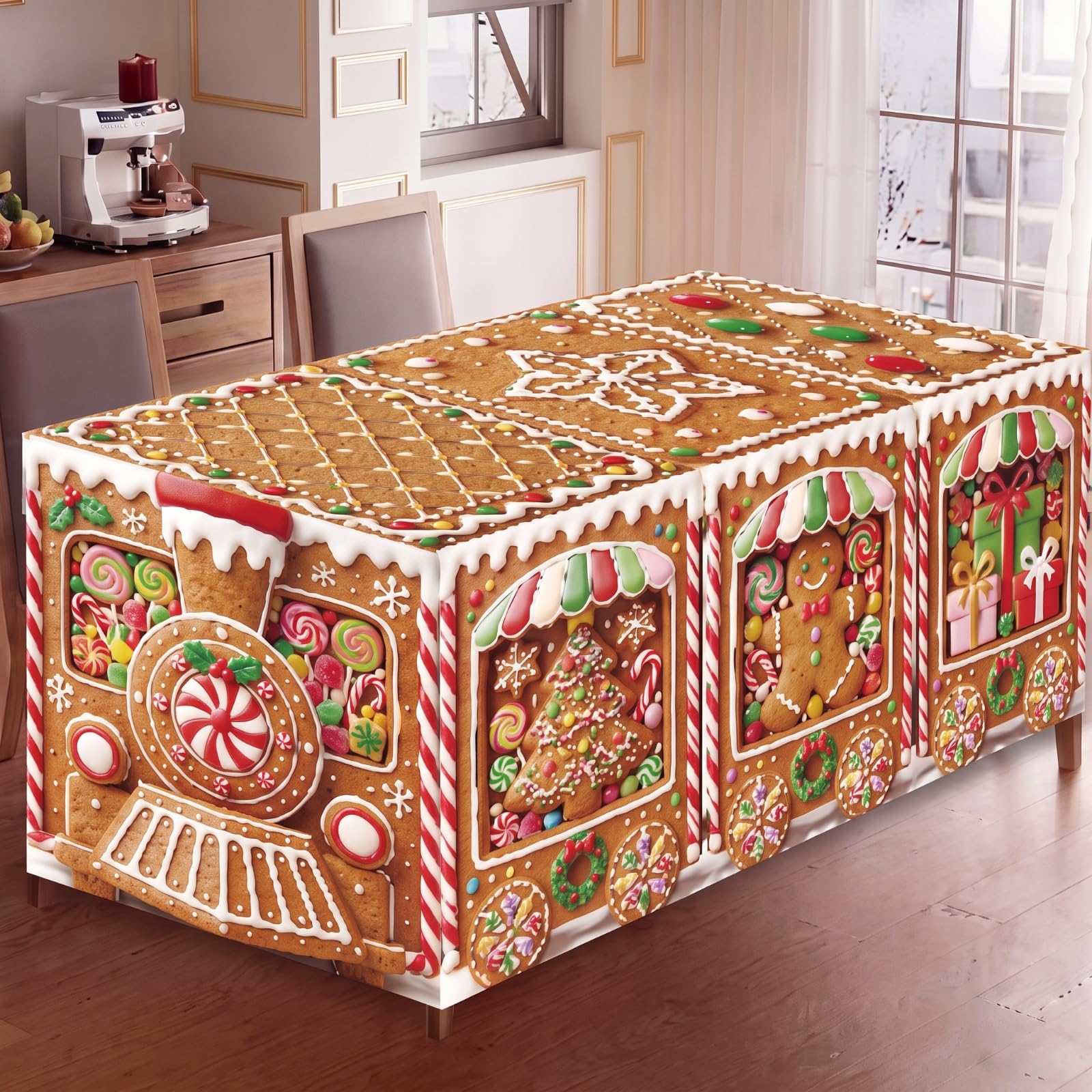 Moukeren 2 Pcs Christmas Gingerbread Man Train Tablecloth 6 ft Rectangle