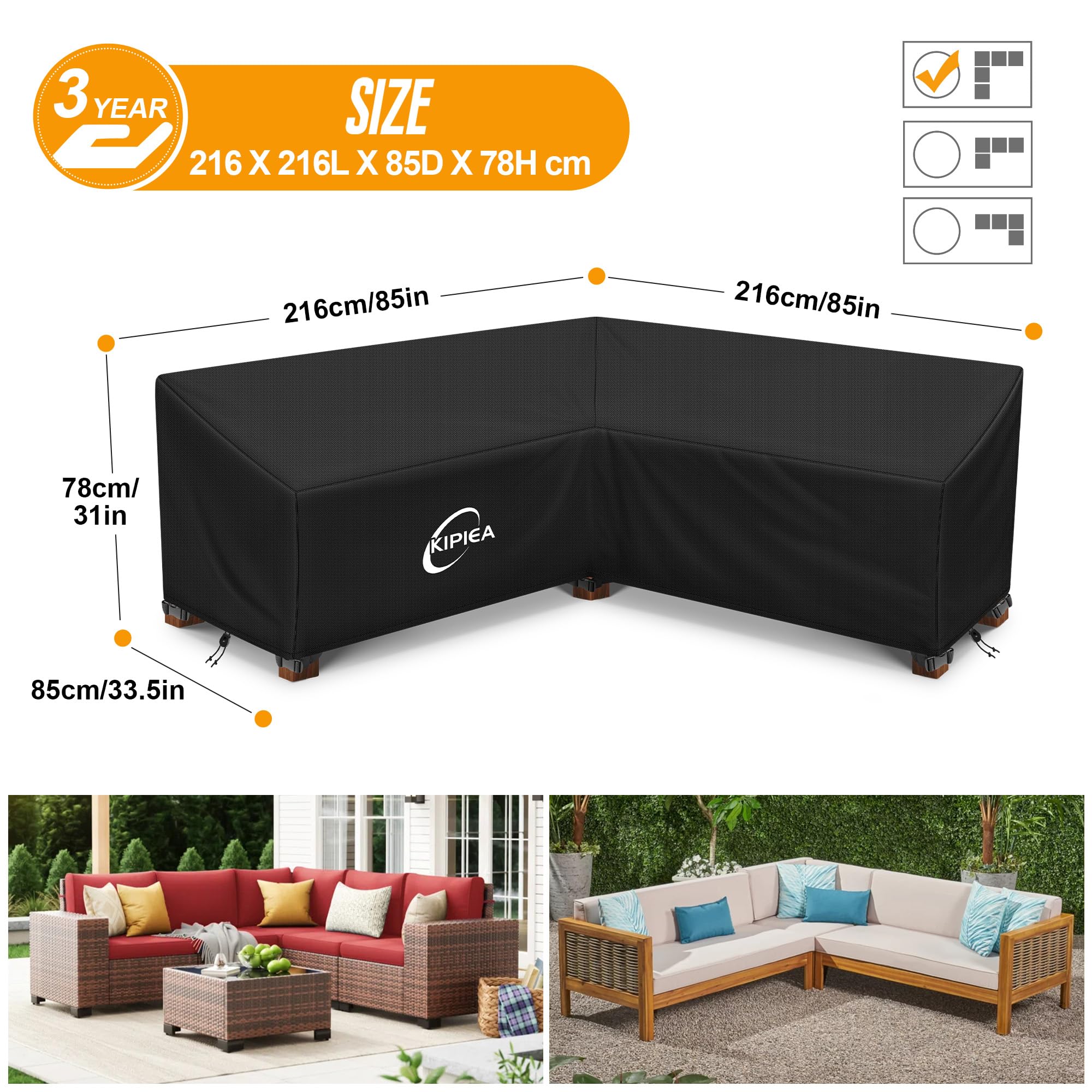 Kipiea Housse Salon de Jardin Forme en V Imperméable, 420D Oxford Tissu Housse de Canapé d'angle Extérieur Coupe-Vent, Housses de canapé de jardin Anti-UV, Sans Déchirure (216x216x85x78cm)