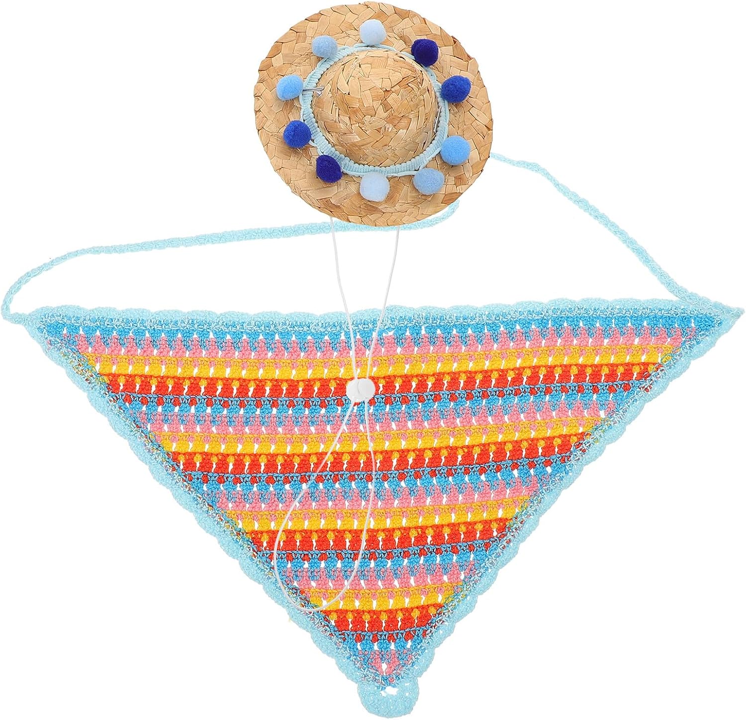 SHOWERORO Pet Dog Straw Woven Hat with Blue Pom Pom and Crochet Bandana, Wear-Resistant Small Puppy Party Hat for Outdoor, Photography, and Birthday Costume Accessories