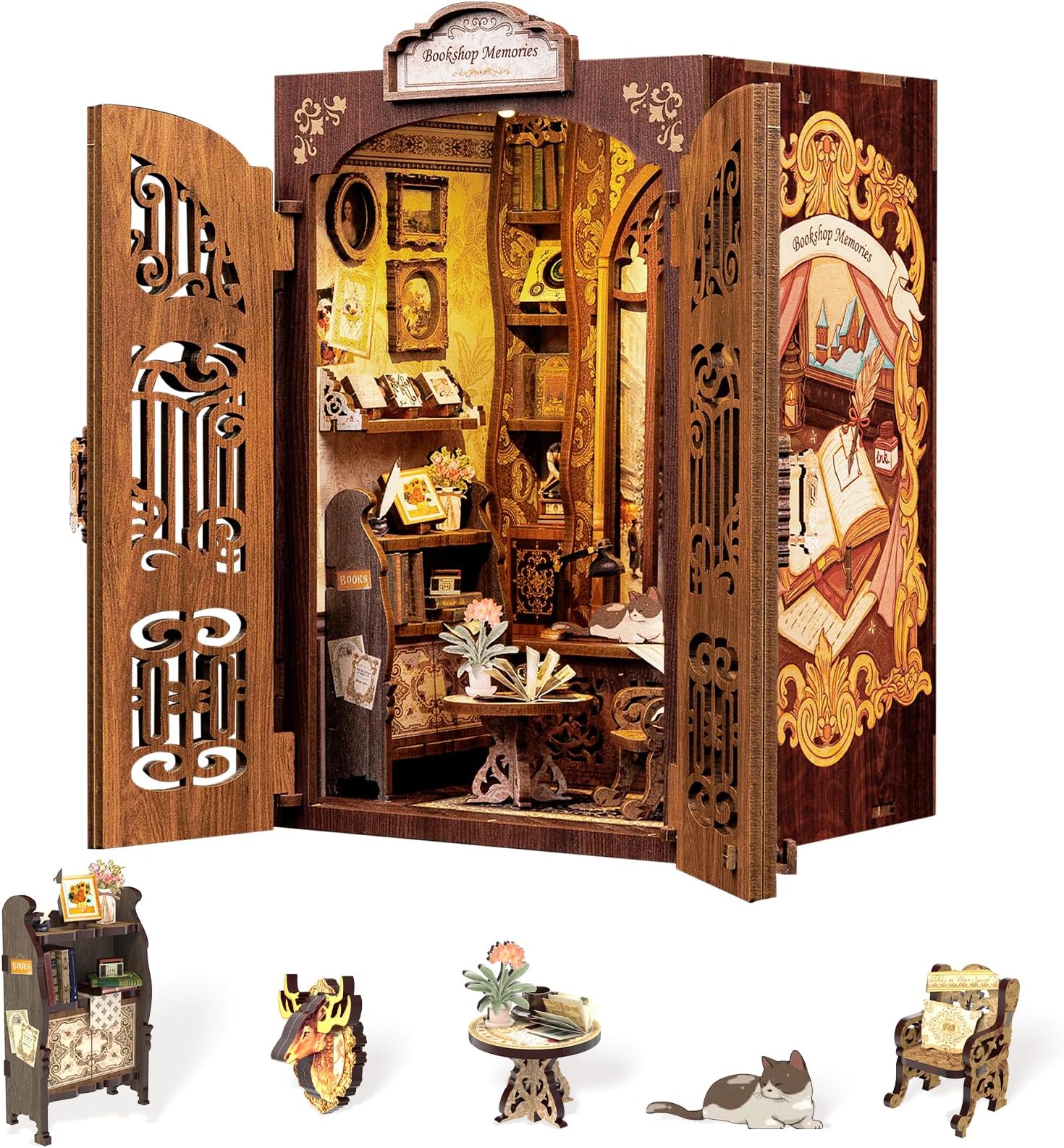 Fsolis Book Nook Kit, DIY Miniature Dollhouse Kit 3D Puzzles for Adults and Beginners, 127 Wooden Pieces, Tiny House Mini Booknook Craft Bookshelf Decor, Gifts for Women Book Lovers(Bookshop Memory)
