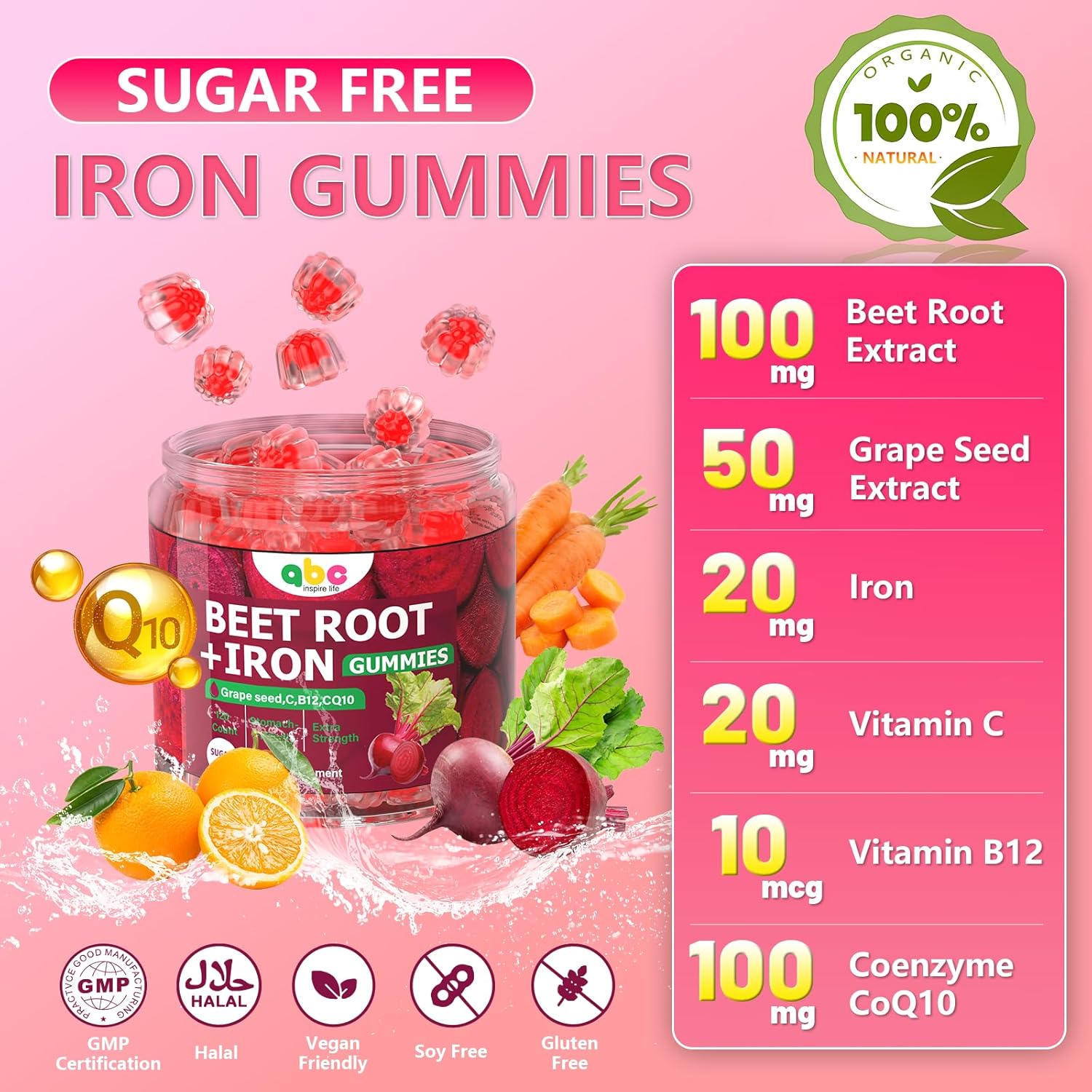 Beet Root Gummies 100mg – Red Beet Chewables with Grape Seed, CoQ10, Vitamin C, Iron & B12 – Supports Energy Metabolism & Healthy Circulation – Sugar Free Supplement for Women & Men, 120 Count - Image 3