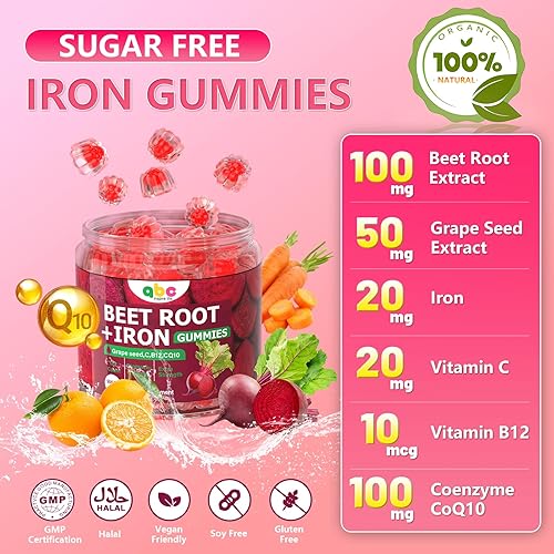 Miniatura 3 de Gomitas de raíz de remolacha de 100 mg  Remolacha roja masticables con semillas de uva, CoQ10, vitamina C, hierro y B12  Apoya el metabolismo