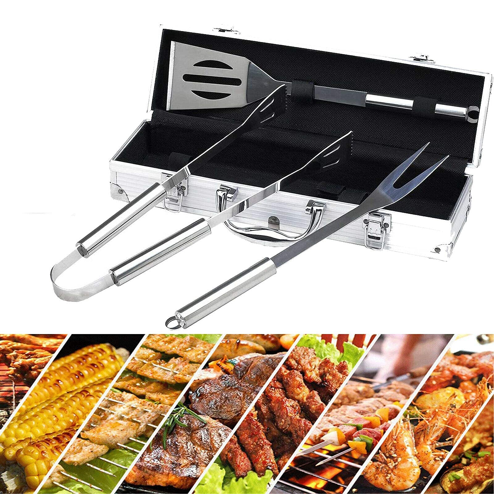 Set di Utensili da Cucina per Barbecue in Acciaio Inossidabile da 3 Pezzi con Custodia per Viaggi/Campeggio/attività all'aperto – Kit di Attrezzi per Barbecue all'aperto per Amici e familiari