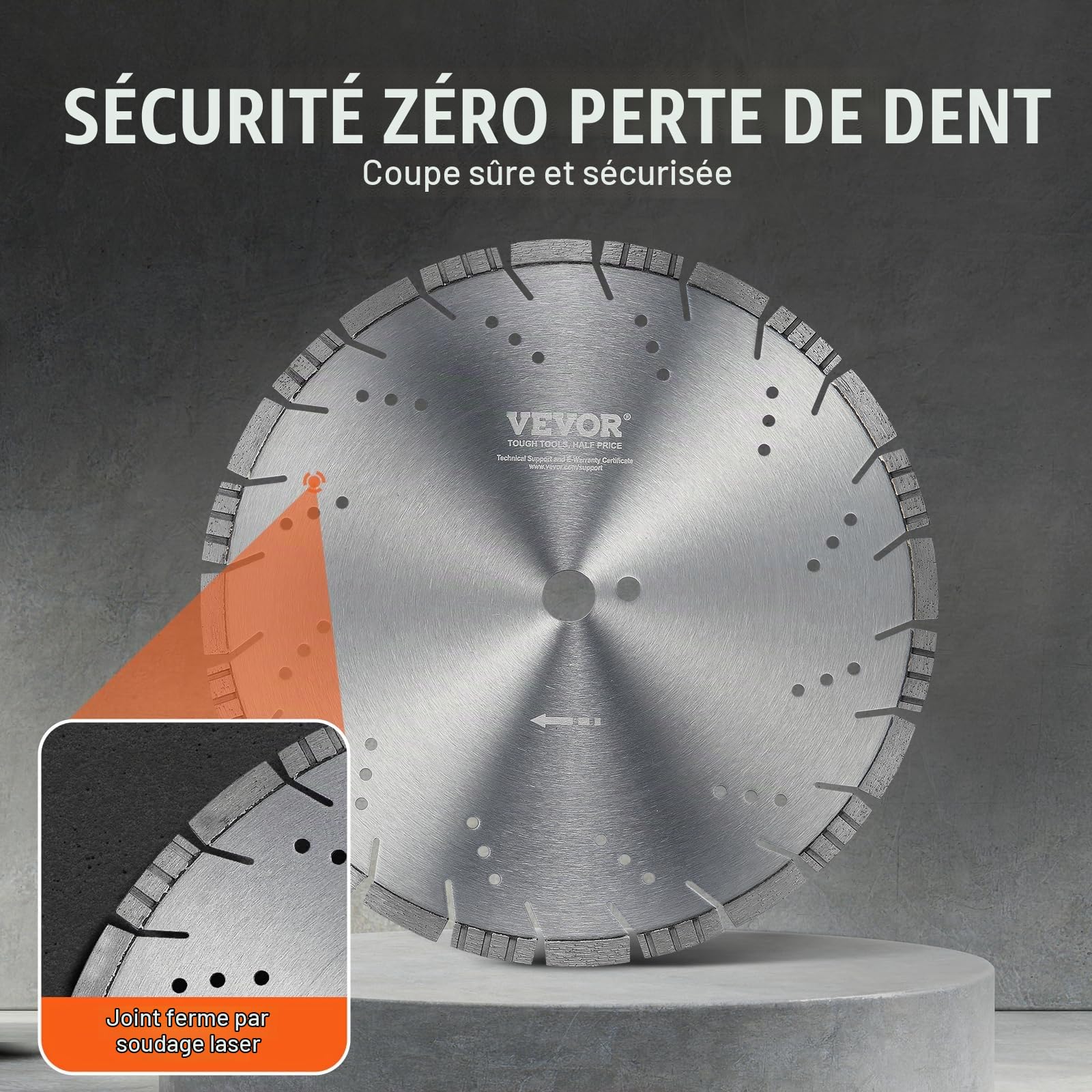 VEVOR Disque à Tronçonner Diamanté 350 mm, Disque Diamant Humide ou Sèche, Lame de Scie à Béton avec Dents Inclinées de 10 mm, Diamètre du Trou Central Universel 25,4 mm, pour Béton, Carrelage, Brique