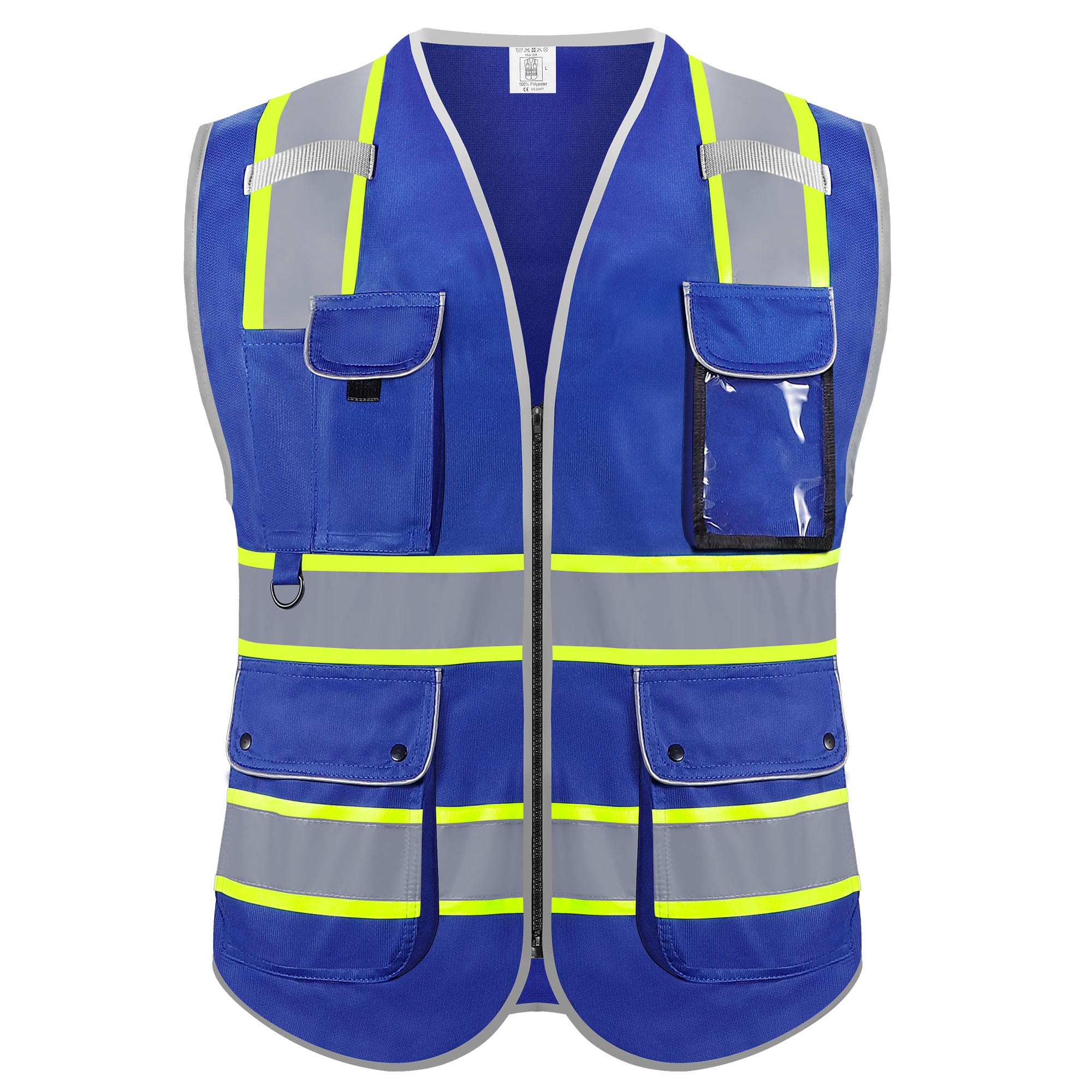 Rhino Hit Reflective Safety Vest for Men Women, High Visibility Safety Vest with 8 Pockets Zipper Front, Meets ANSI Standards
